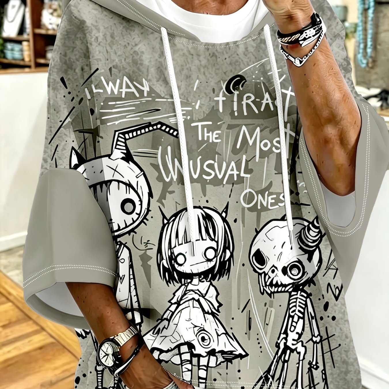 TEMU Plus Size - -size Off-shoulder Hoodie Features A Gray Distressed Base, With A Black And White Line- Cartoon Zombie And Skull Graffiti Print ,