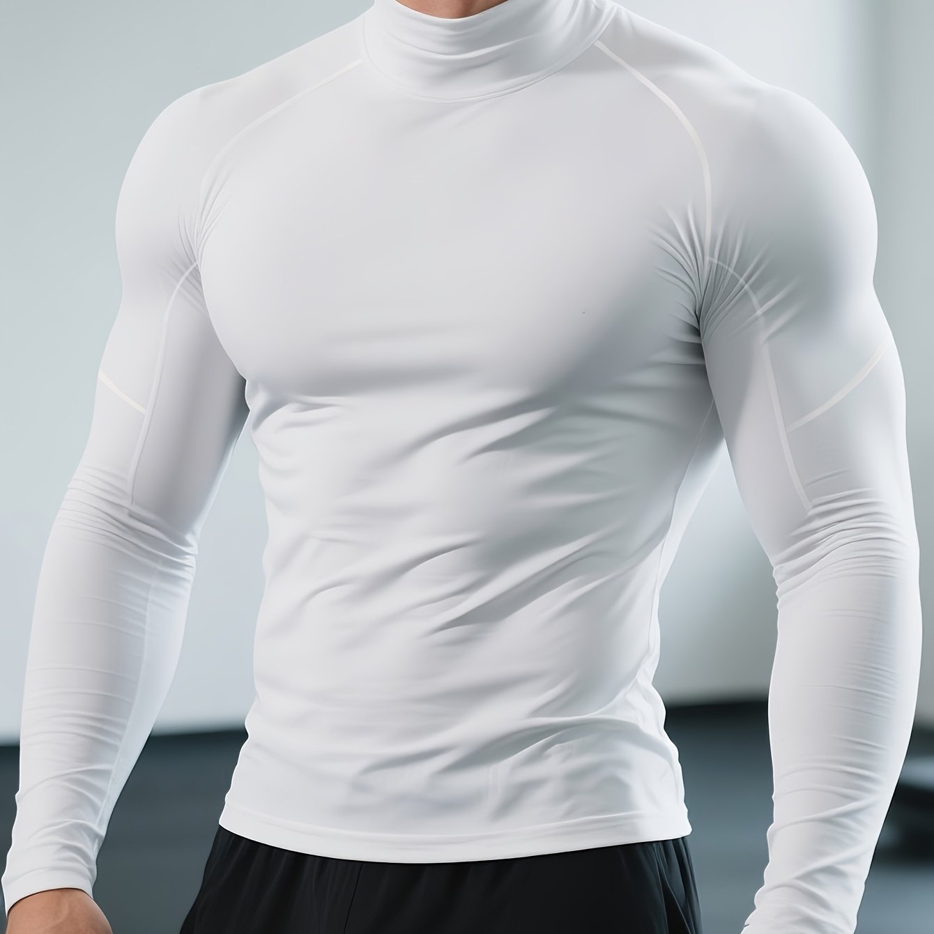 TEMU Men's Quick-dry Stretch Fitness Shirt - High Neck Long Sleeve Workout Top, Gym & Boxing Shirt For , Moisture-wicking Athletic Performance
