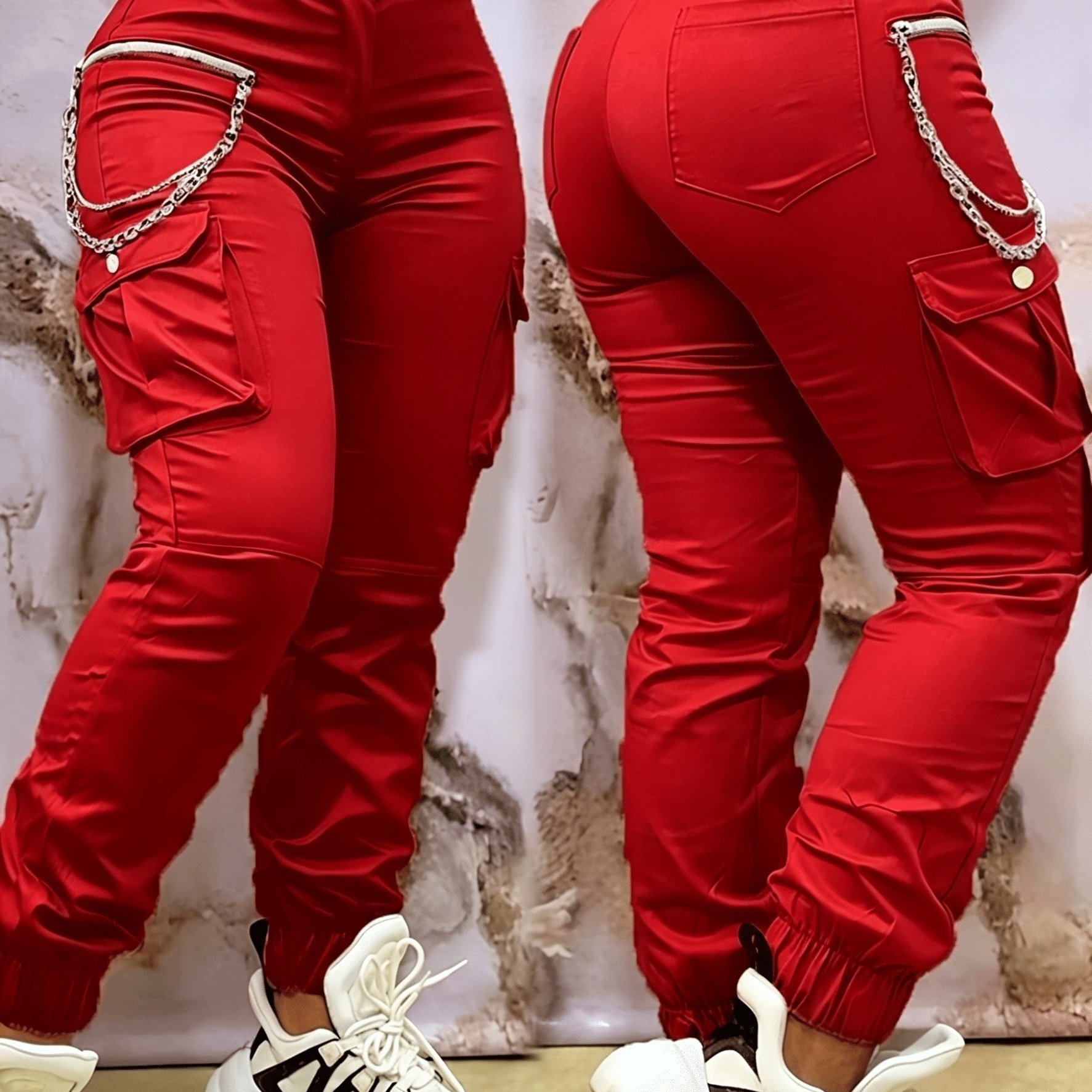 TEMU Pantalones Cargo de Cintura para Mujer - Diseño con Bolsillos con Cremallera, Pantalones Casuales para a Día, Tela Duradera para Todas , Color