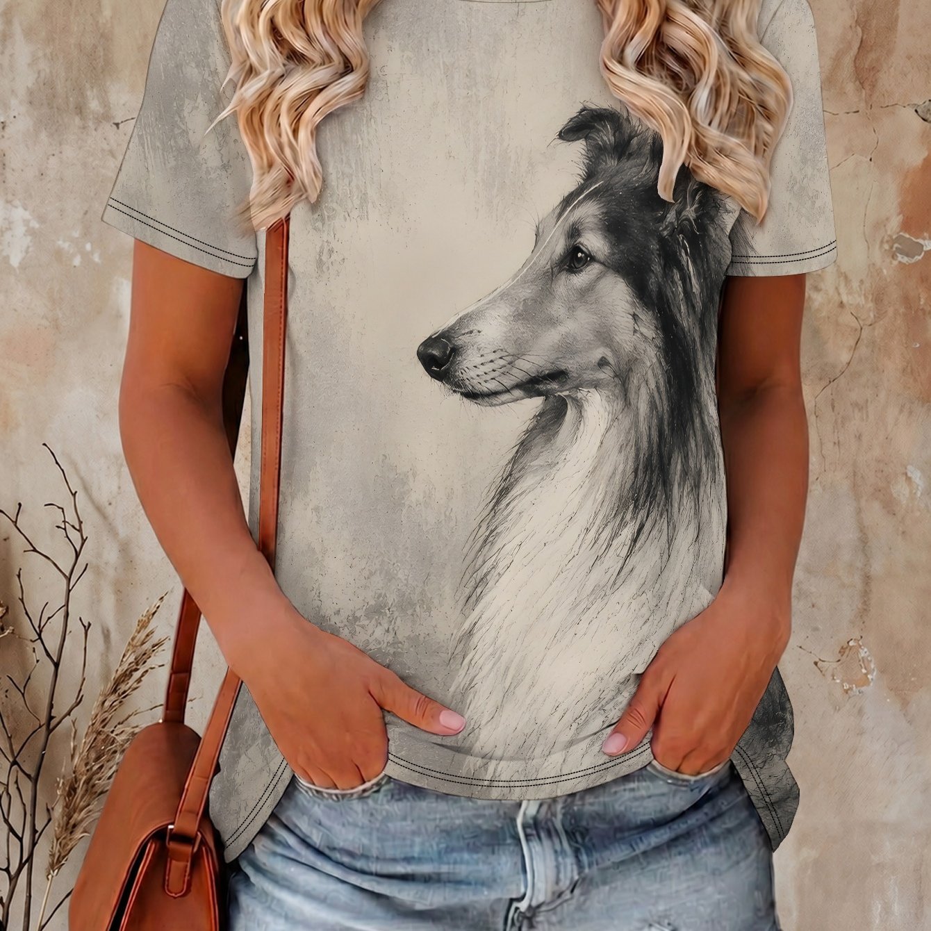 TEMU Women' Collie Heritage Full-body Collarbone Portrait Print T-shirt - Charcoal Short Sleeve Top, Casual Summer Suitable For S & Casual Attire,