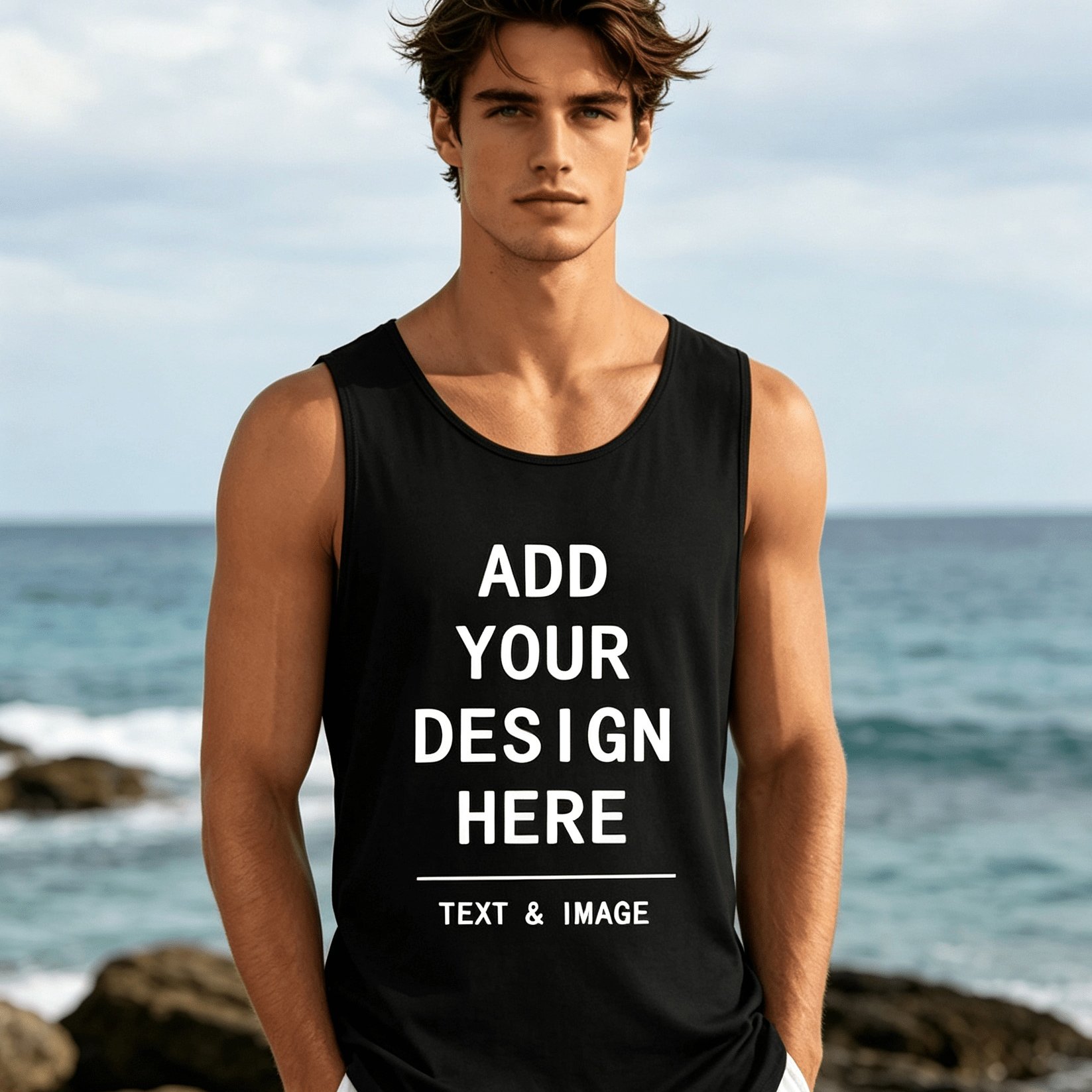 TEMU Men's Loose- Neck Casual Tank Top, Draping Solid Layer. Supports Self- Printed Text/patterns For Personalized Diy. Versatile For Beach, Seaside,