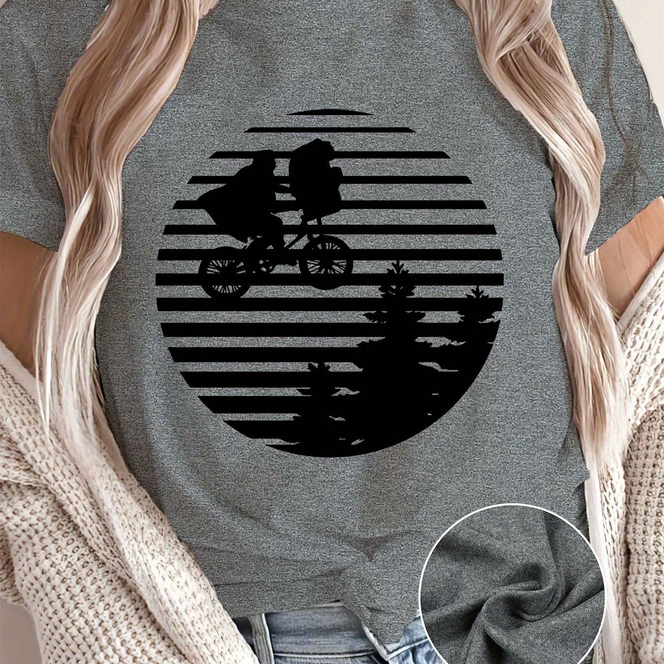 TEMU Round Neck Printed Short-sleeve T-shirt, Soft Athletic Fabric Sports Tee, Women's Apparel