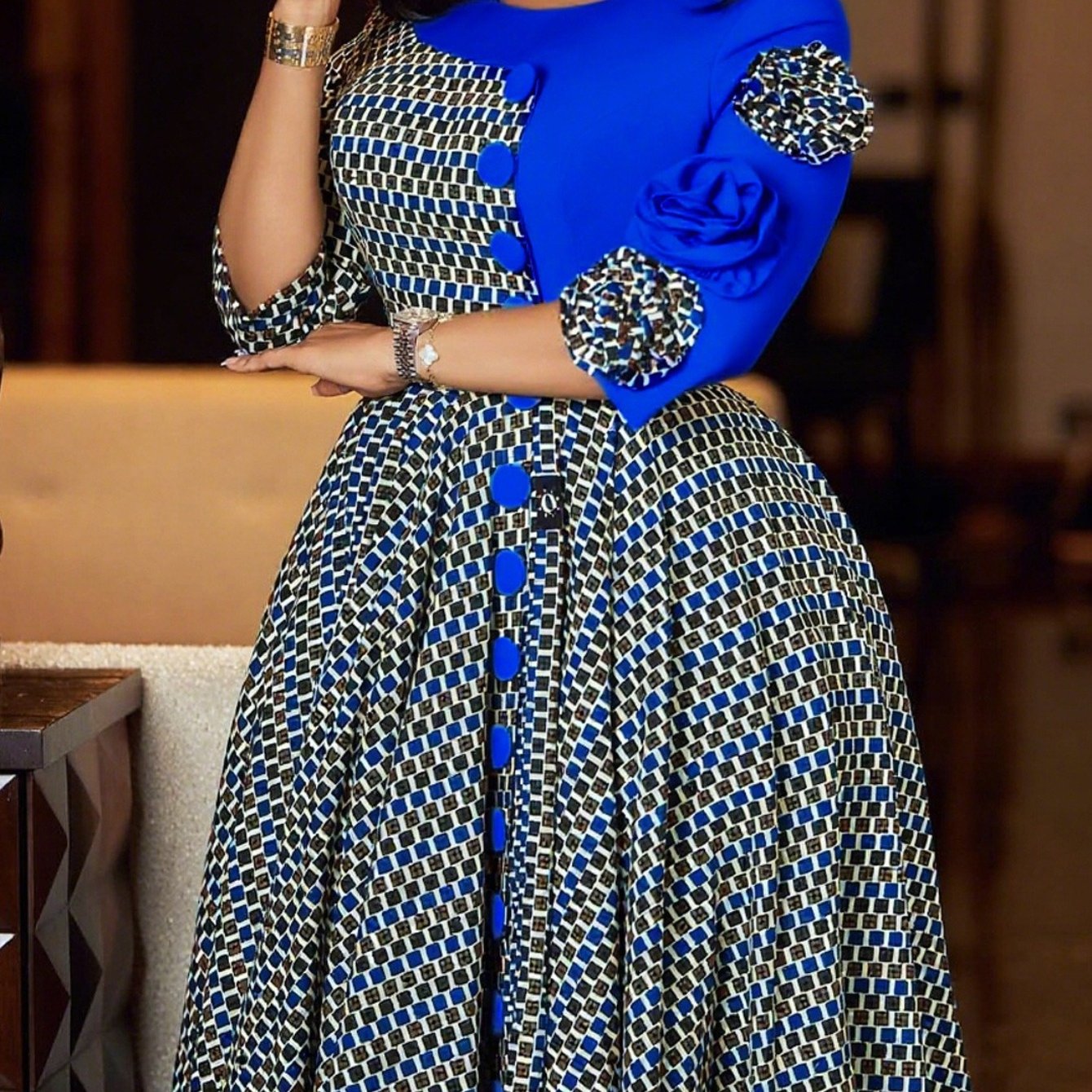 TEMU Plus Size - D598new Fashionable Elegant Round Neck, Three-quarter Sleeve Printed Splicing Dress With