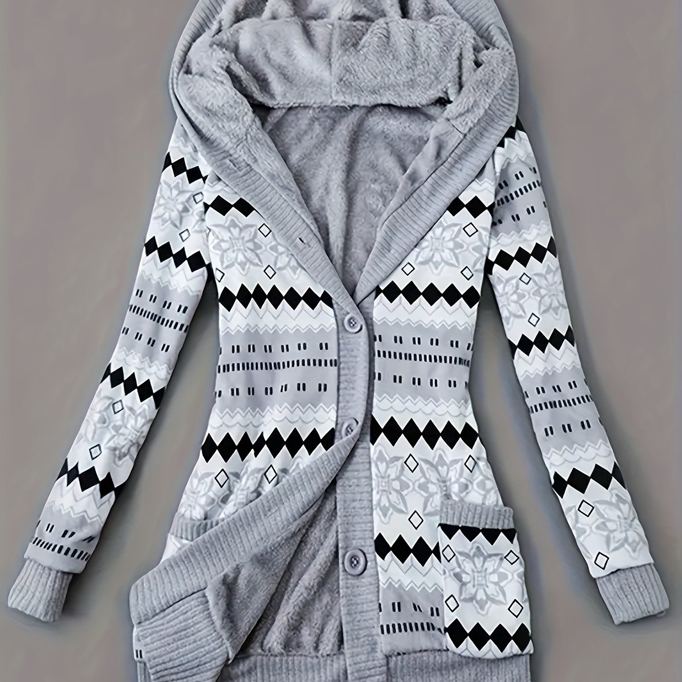 TEMU Women's Ethnic Style Geometric Pattern Hooded Cardigan, Mid-length Warm Coat, Autumn Winter Home And Outdoor Wear, Comfortable Women's Clothing