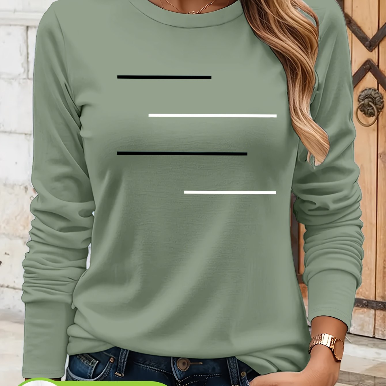 Women's 100% Elegant Blouse Round Neck Long Sleeve Blouse Top With Artistic Print Suitable For Casual & -casual Wear, Machine Washable - Layering Piece For Office, Semi-formal Outfits