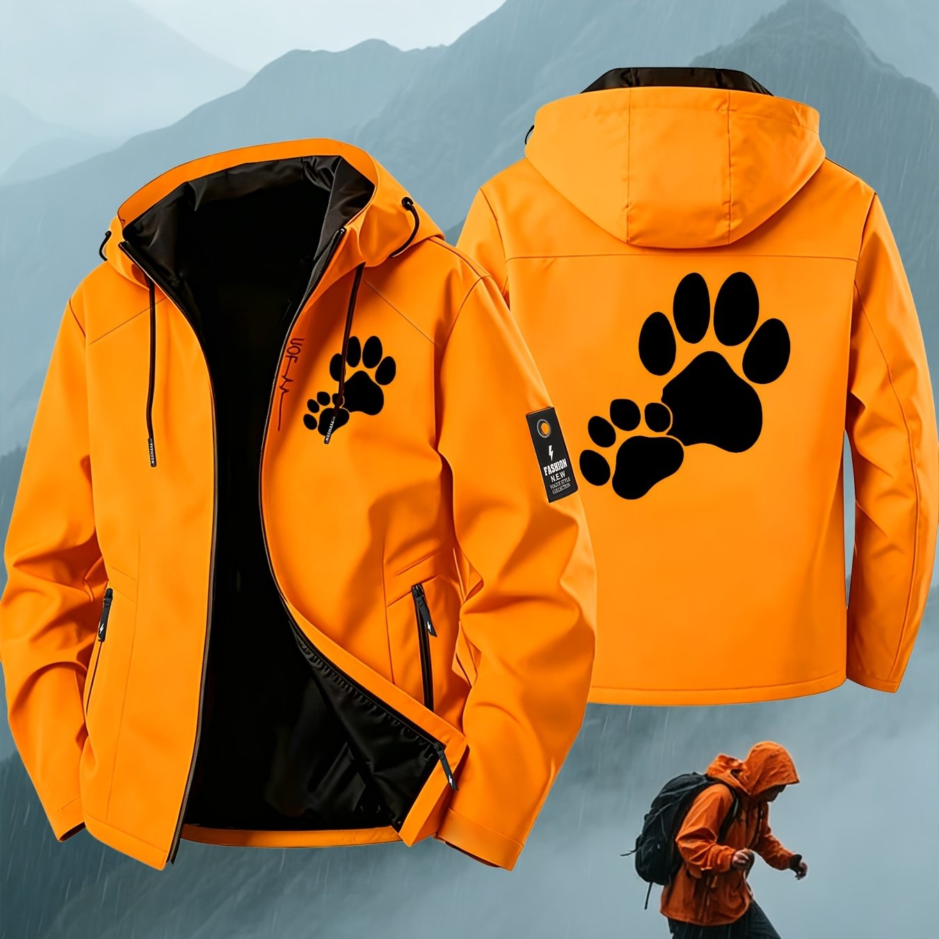 TEMU Casual Hooded Windproof Jacket, Animal Paw Print Design, Unisex Outerwear, Lightweight Motorcycle Riding Jacket, Ideal Gift , Zipper Closure,