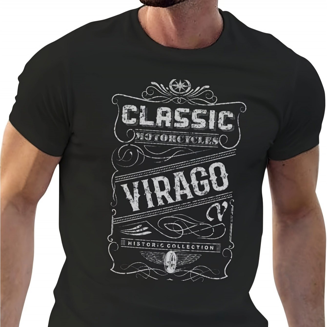 Image of Men's Virago Xv Motorcycle Logo T-shirt - Retro Xv535 Xv750 Xv1100 Branding Tee, Casual Short Sleeve Round Neck Shirt For Motorcycle Fans & Virago Owners, Suitable For