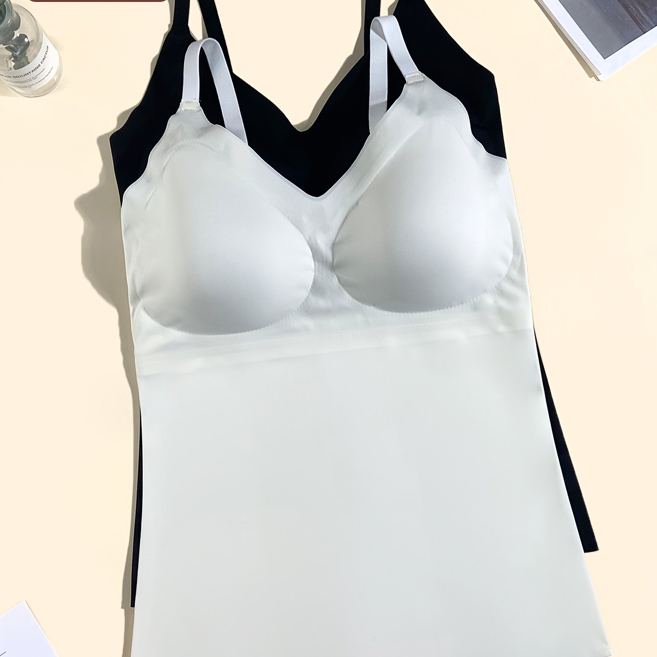 TEMU 2pcs Plus Size Seamless Women's Tank Tops With Adjustable Straps, Stretchy Comfortable Removable Pads For Layering Or Wearing Alone