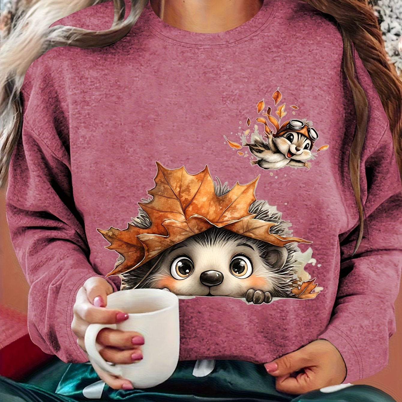 TEMU Women's Winter Hedgehog With Maple Leaf "hat" Print Crew Neck Long Sleeve T-shirt | Comfortable, Soft, Fashionable, Elegant, Vintage Style, ,