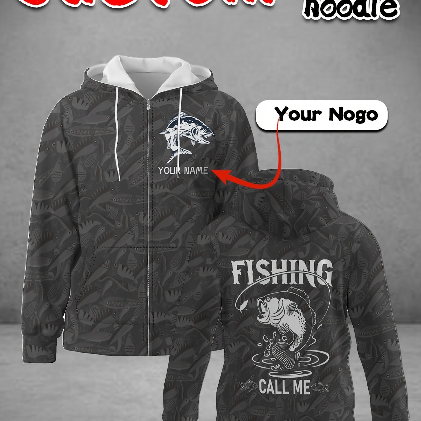 TEMU Men's Fishing Hooded Jacket - Personalized Zip-up Coat, Can Print Name/text, Breathable Full-zip Long Sleeve Fishing Top, Suitable For Outdoor
