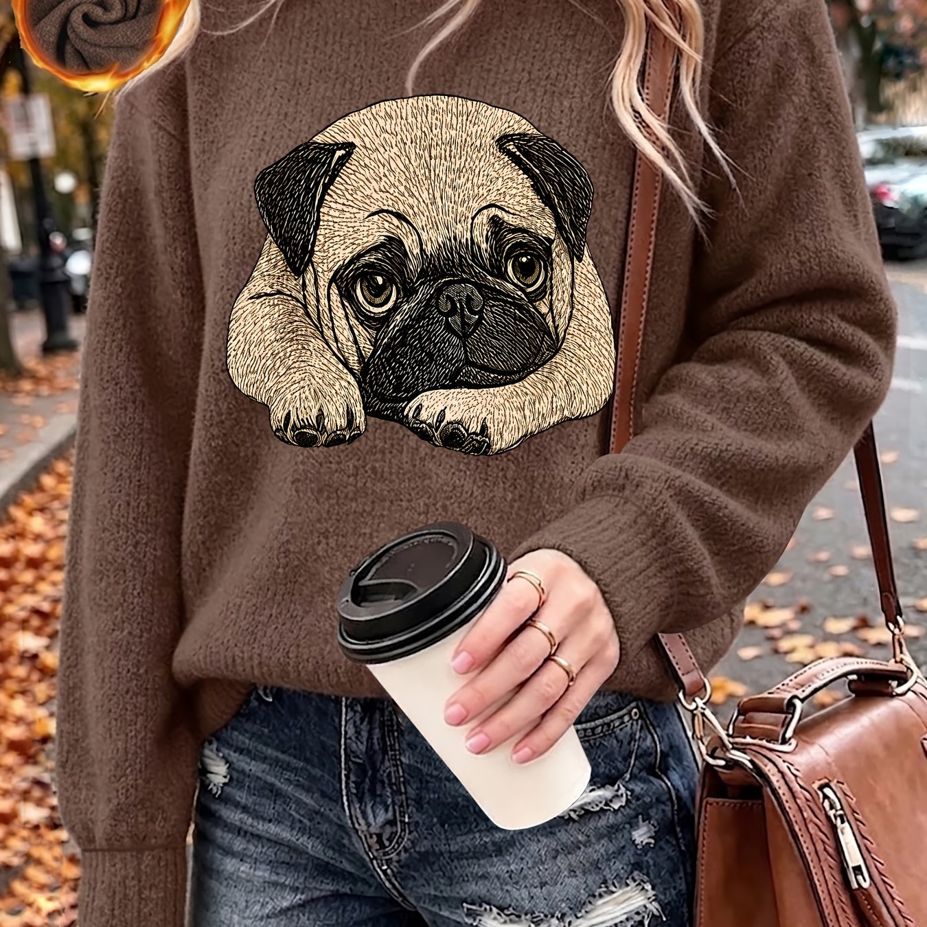 TEMU Women's Pug Sweater Thick Warm Winter Sweater With Pug Dog Pattern - Soft Cozy Pullover Sweater Suitable For Outerwear, Machine Washable Round