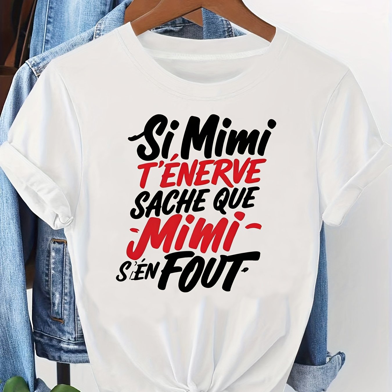 TEMU T-shirt pour femme avec police manuscrite décontractée en de couleurs noir et rouge, comprenant le slang français : "Si Mimi vous met en , savez