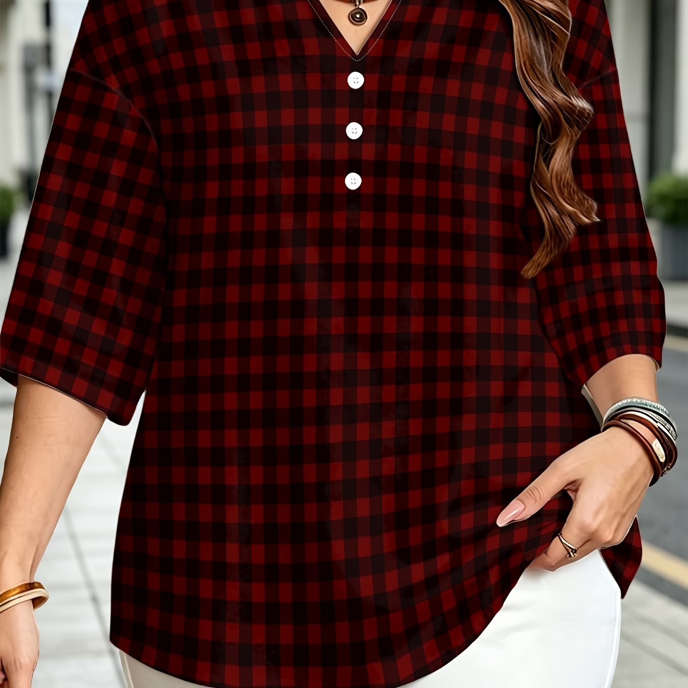 TEMU Wine Red Three-quarter Sleeve Top, Women's Loose Casual Shirt, Versatile Summer Style