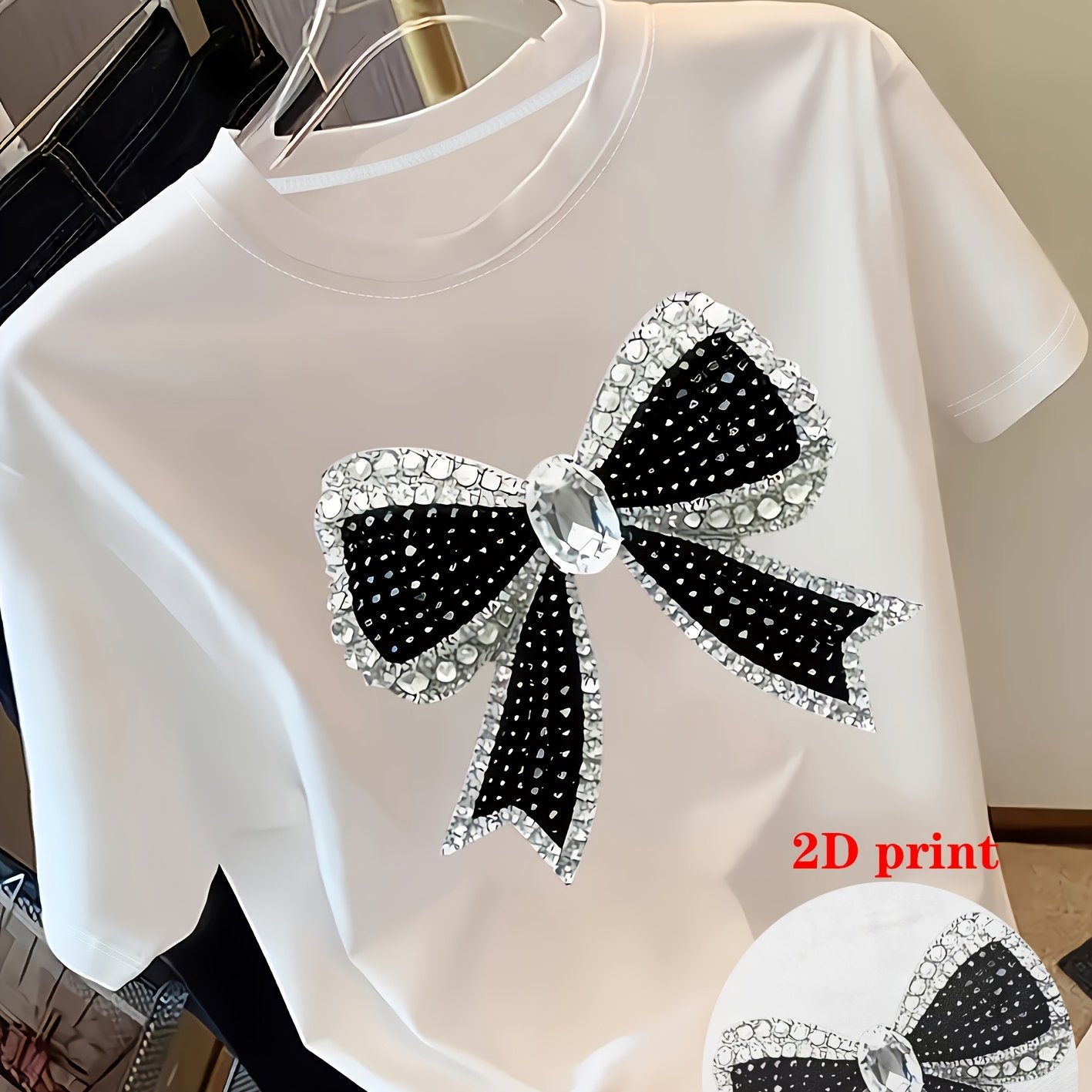 TEMU Plus Size, Plus Size Rhinestone Bow Print T-shirt, Loose Fit Casual Top