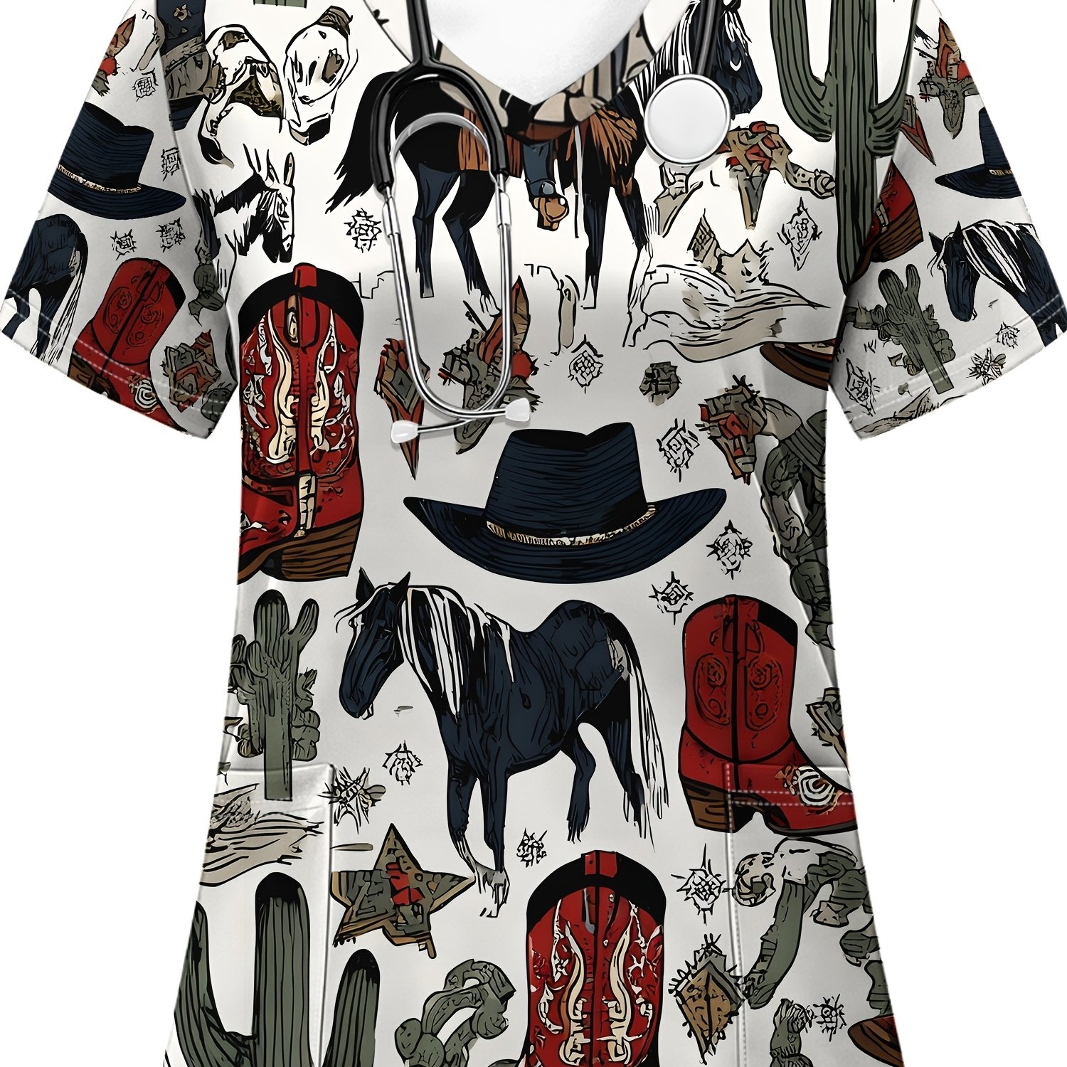 TEMU Plus Size, [printed Pants - Not Denim Fabric] 1pc Women's Nurse Scrub Top, Full-body Western Cowboy And Cowgirl Print - V-neck Short Sleeve