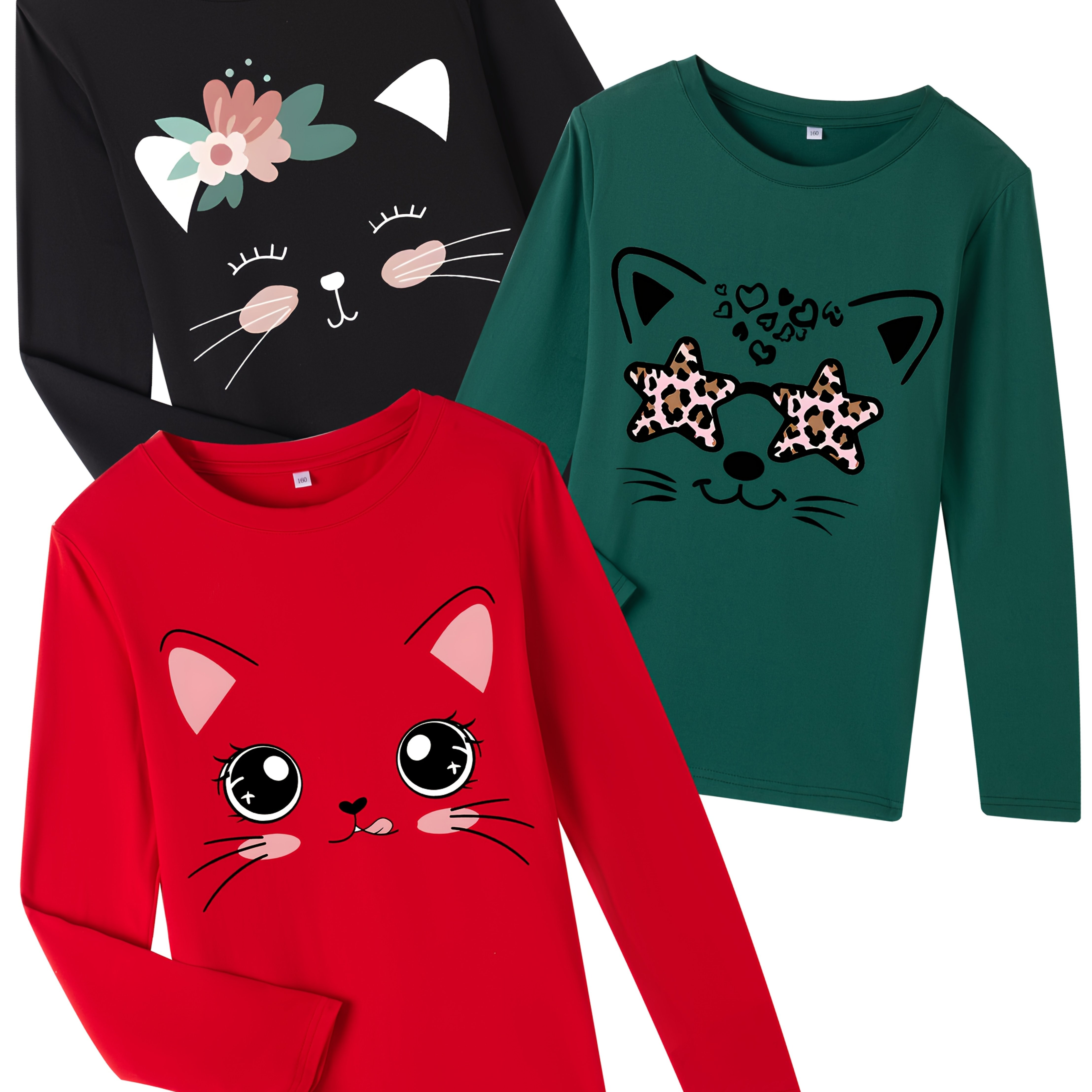 E-shop Unisex Jugendmode Casual Langarm-Oberteil T-Shirt, Weich Bequem, , Trendiges Katzenmuster Druckdesign