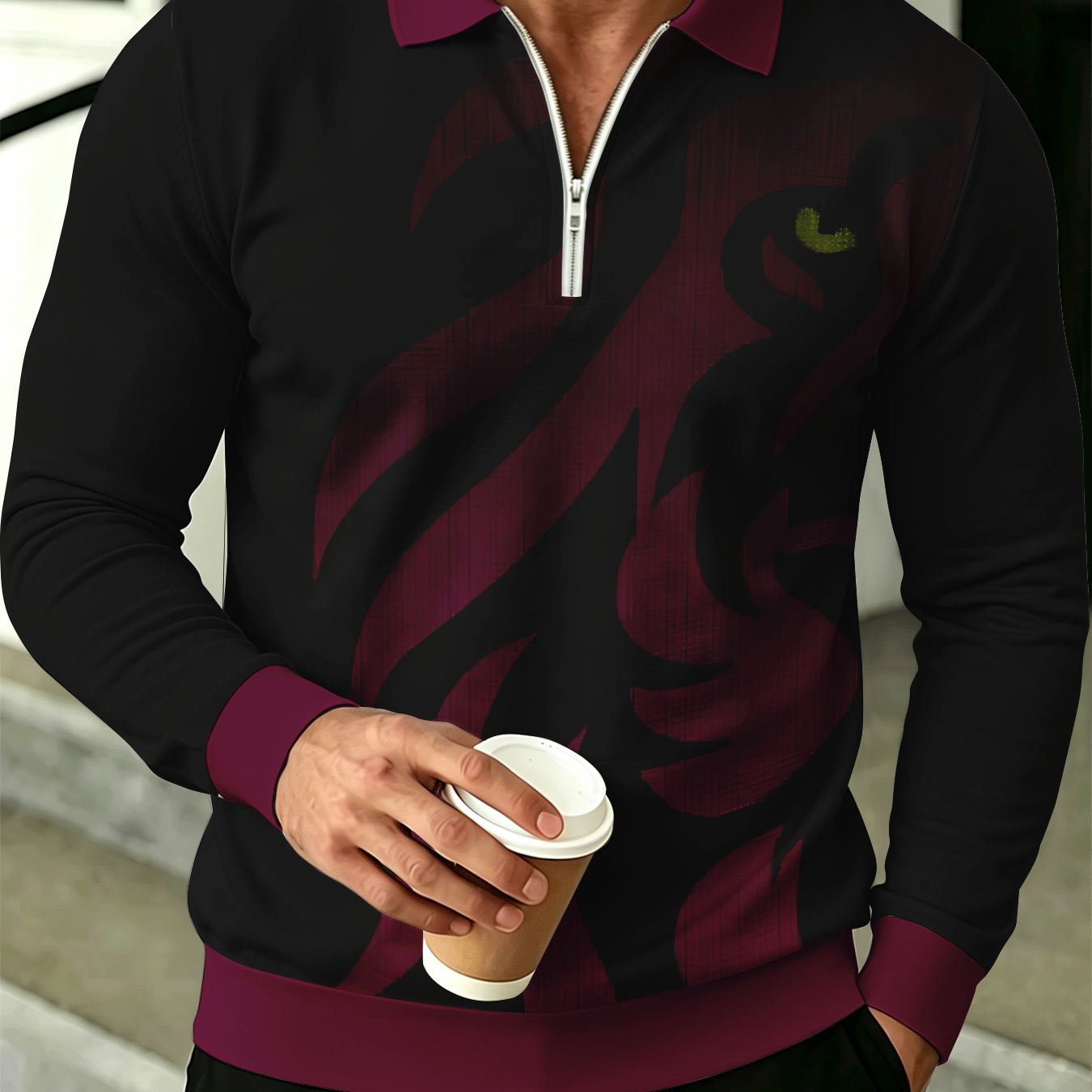 TEMU Trendy Men's Half-zip Stand Collar Top, Contrast Abstract Print Long Sleeve Shirt, Spring Autumn Casual Wear