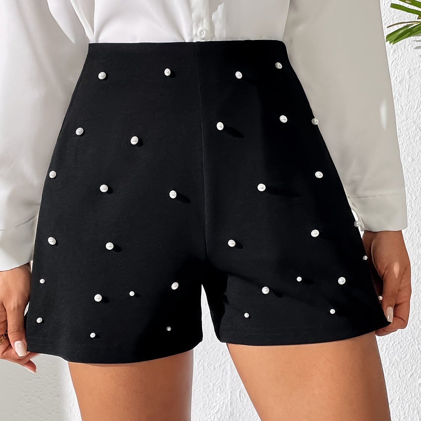 TEMU High Waist Beaded Shorts, Elegant Loose Shorts For Spring & Summer, Women's Clothing