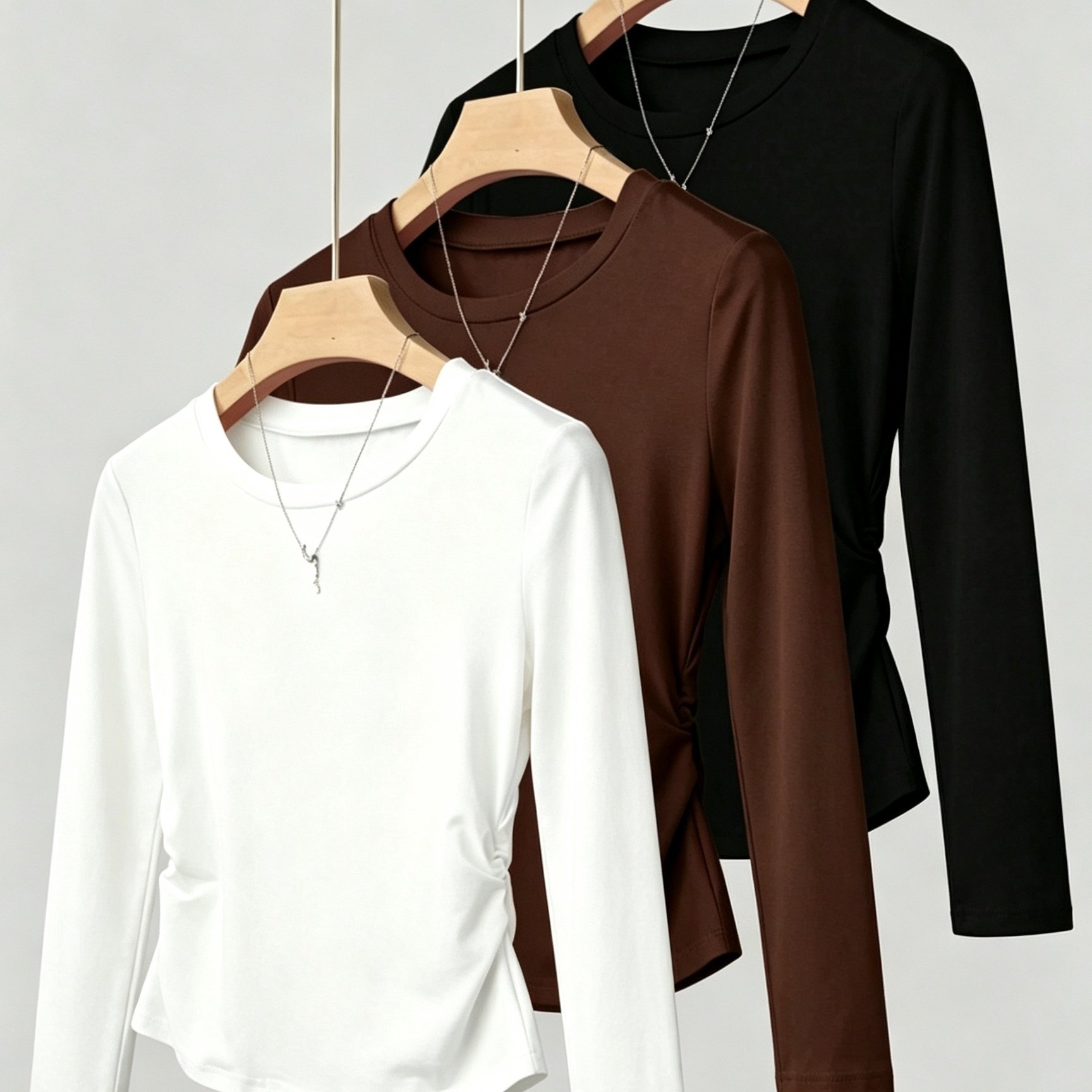 TEMU Ensemble de 3 T-shirts pour femme, , à col ras du cou, décontractés, coupe ajustée, manches longues, ourlet froncé, multicolores, adaptés à et à