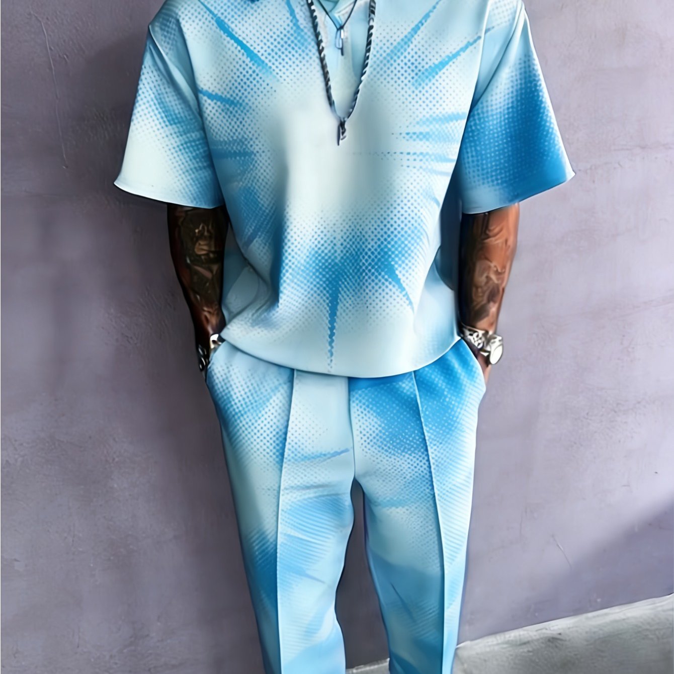 Trendy People Must Enter! Gradient Ray Printed Set, Shirt, Casual Pants, Two-piece Set, Plus Size