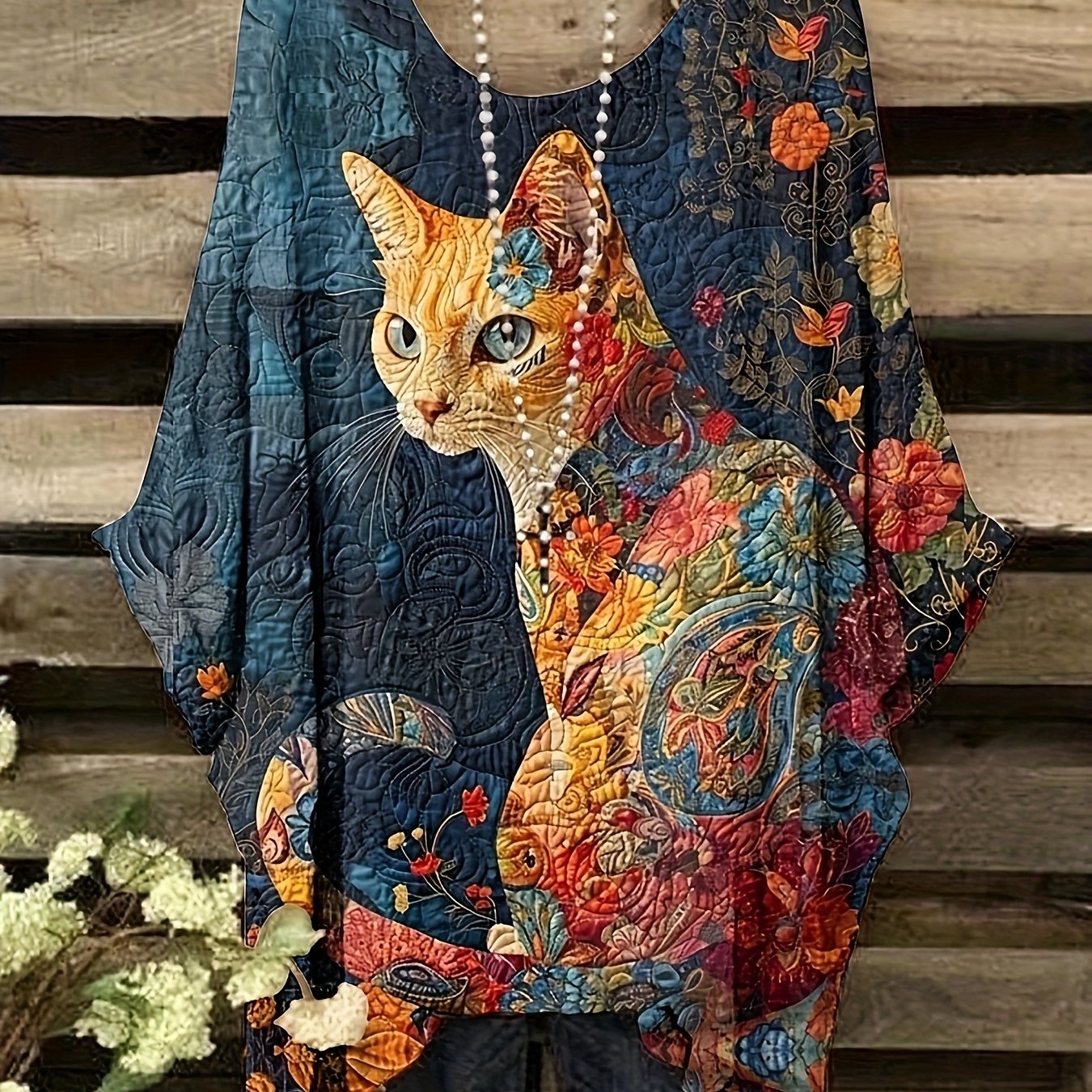Image of Plus Size, Women' Bohemian Vintage Cat Print Oversized T-shirt - Soft Round Neck Loose With Full-body Cat, Machine Washable Casual & Dressy Wear Suitable For - Elegant Women' Fashion