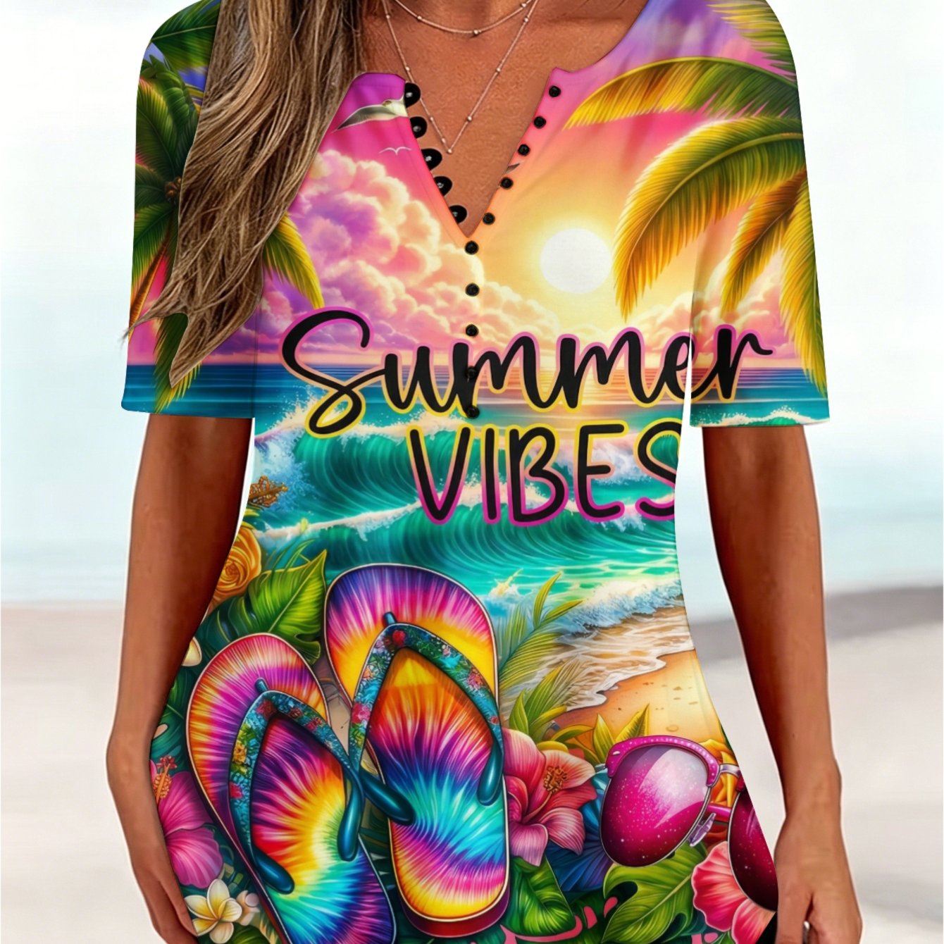 TEMU Plus Size - Plus-size Casual Tops Flip Flops Palm Trees Women's Summer V-neck Top Plus Size Suitable For Most Occasions