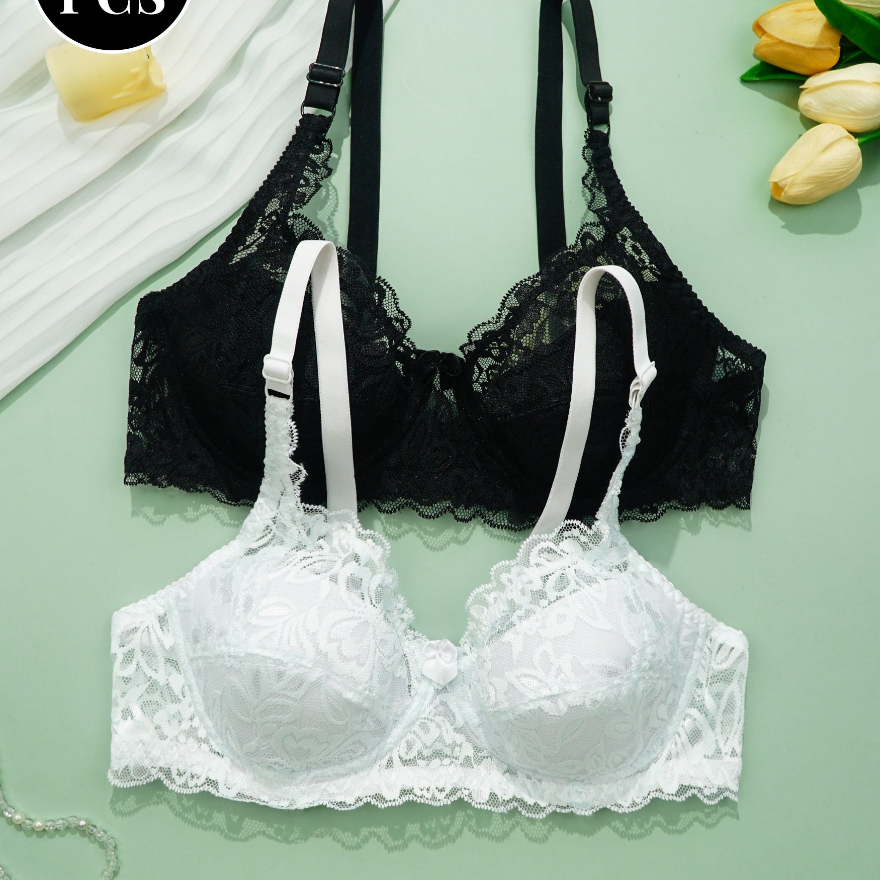 E-shop 2 Stück Damen Elegante Halbtransparente Spitzen-BH mit Blumenmuster Bügel-Bustier – Nicht abnehmbare Polsterung, Stäbchen, Geeignet für