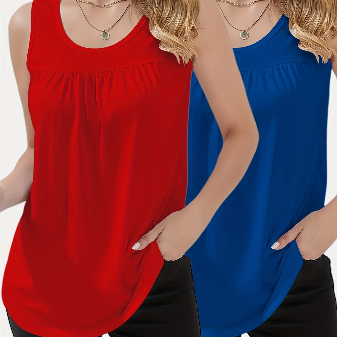 TEMU 2pcs Set Of Western Fashion Loose Round Neck Ruched Solid Color Sleeveless Vests, Casual All-match Daily Outing Dating To Handle