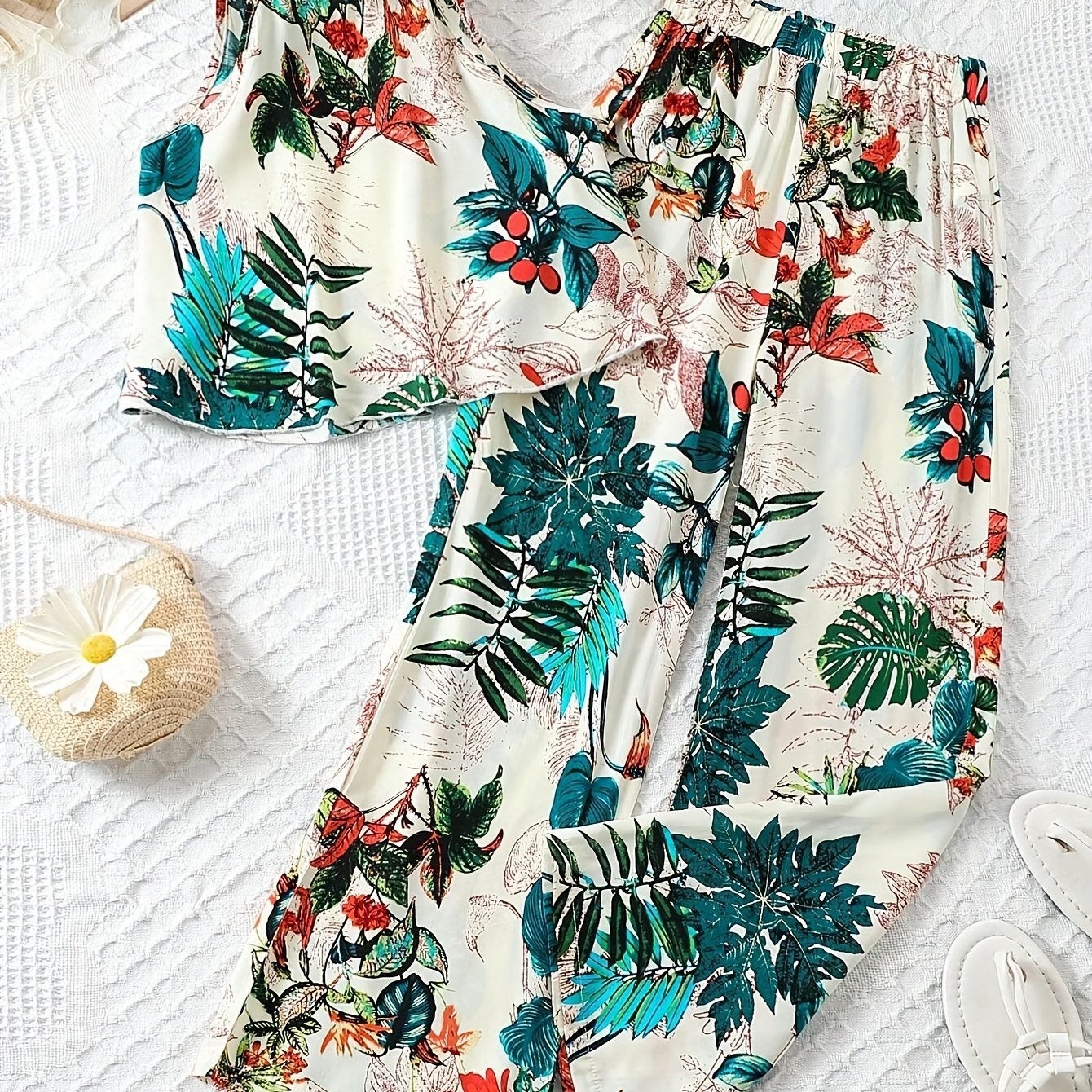 Two-piece Set For Girls With Tropical Print Vest And Loose Wide-leg Pants, Version, Leisure Style, Xia, Perfect For Outdoor
