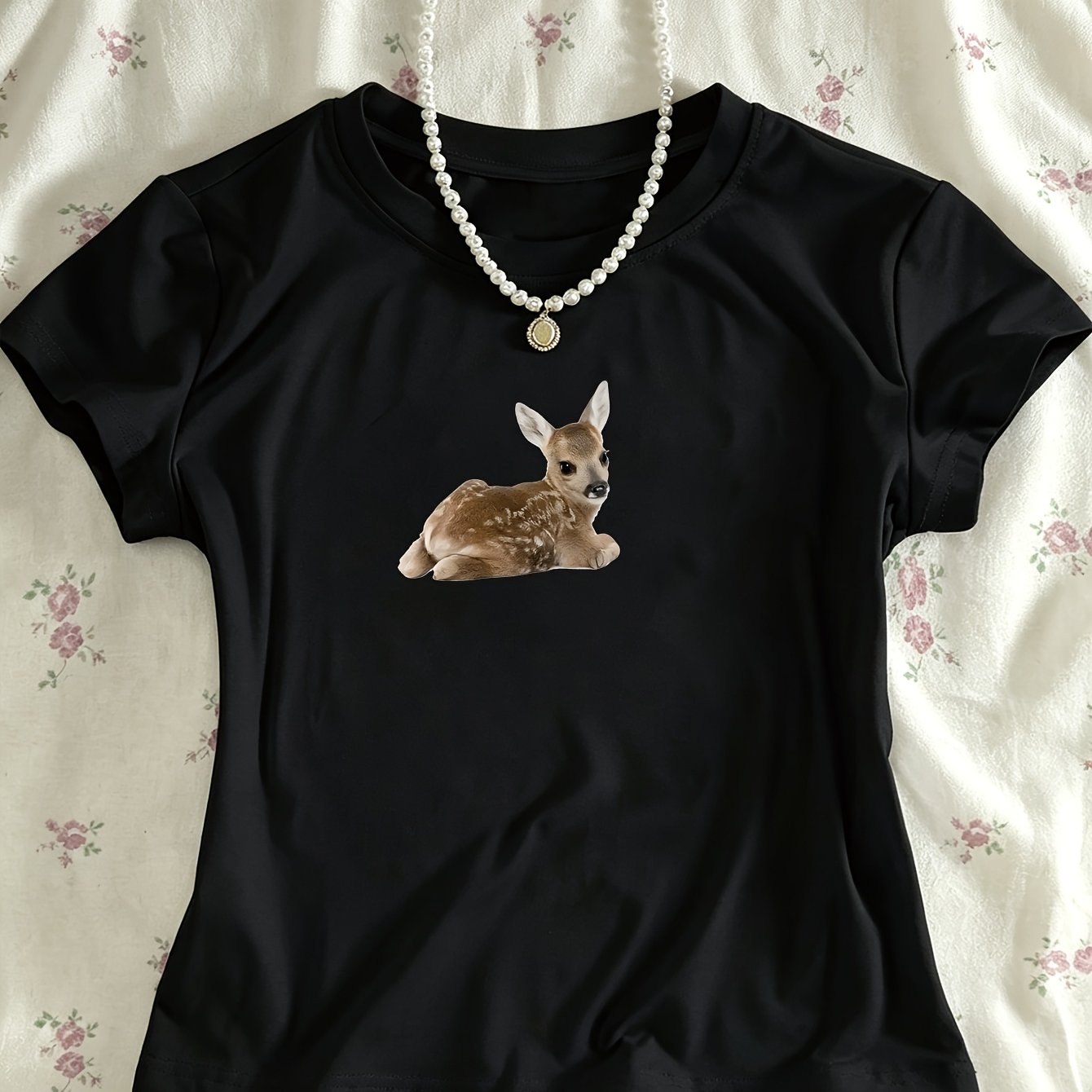 TEMU 00008-fashion Hot Y2k Creative Trendy Deer Reindeer Animal Pattern Printed T-shirt, Short Sleeve Round Neck Casual Top, Summer And Spring,