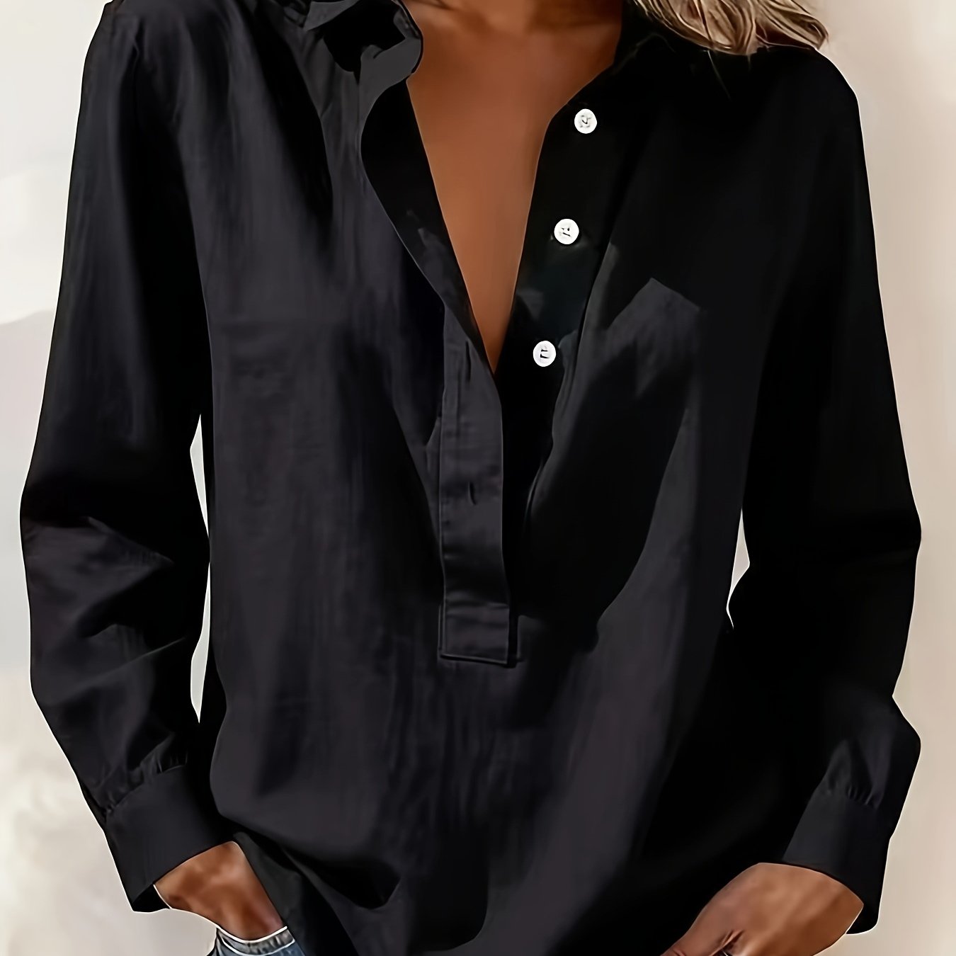 TEMU Chemise pour femmes, nouvelle couleur unie, col à revers, décontractée, manches longues, texture, col à revers, demi-boutonnée, chemise ample