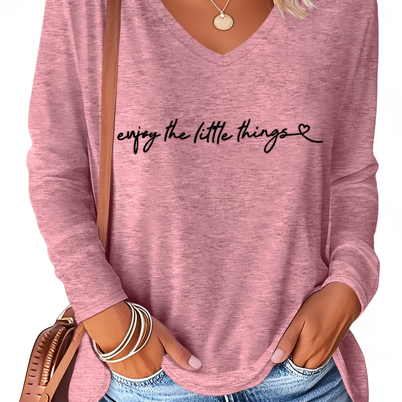 TEMU Plus Size - Plus Size - And Summer Plus Size Women's Fashion Letter "enjoy " V-neck Long-sleeved T-shirt, Rayon Component - To Care For, Machine