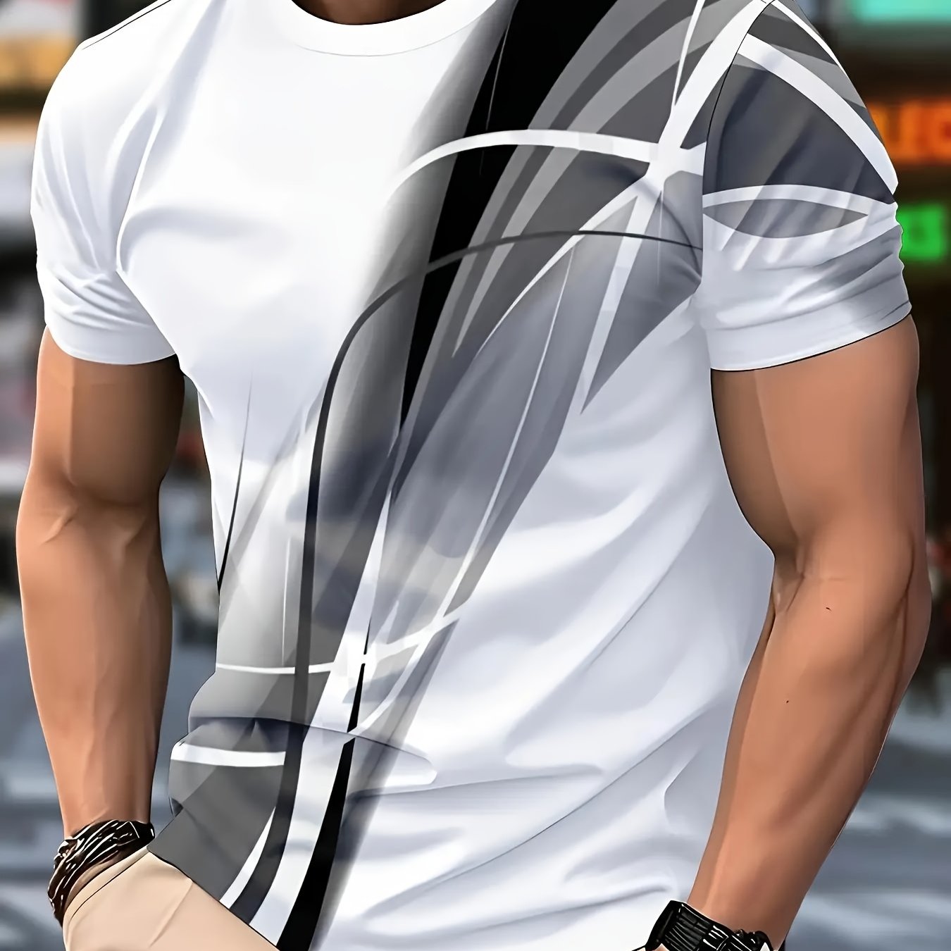 TEMU [printed Design- Not Textured] Men's Casual Printed T-shirt - White And Art Design, Regular Neck, Machine Washable