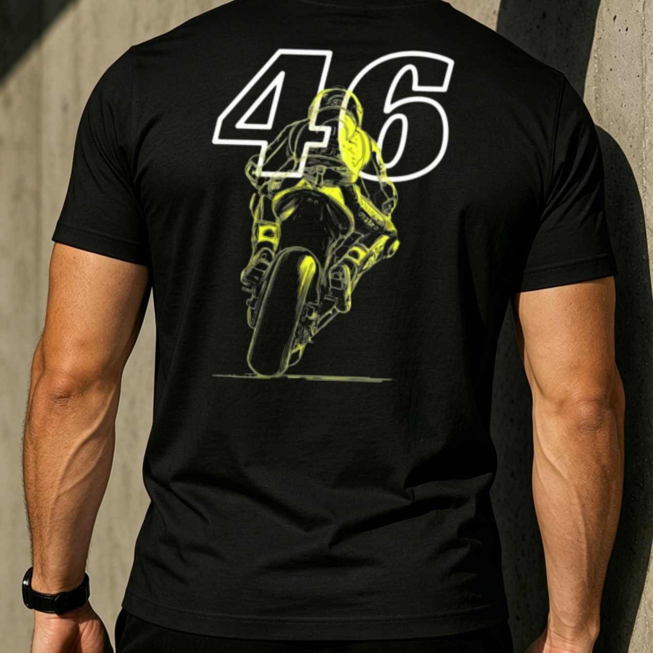 Image of Number 46 Motorcycle Racing Graphic In Neon Yellow And Colorful State Back Graphic With Humorous Detail And Relaxed Men's Back T-shirt