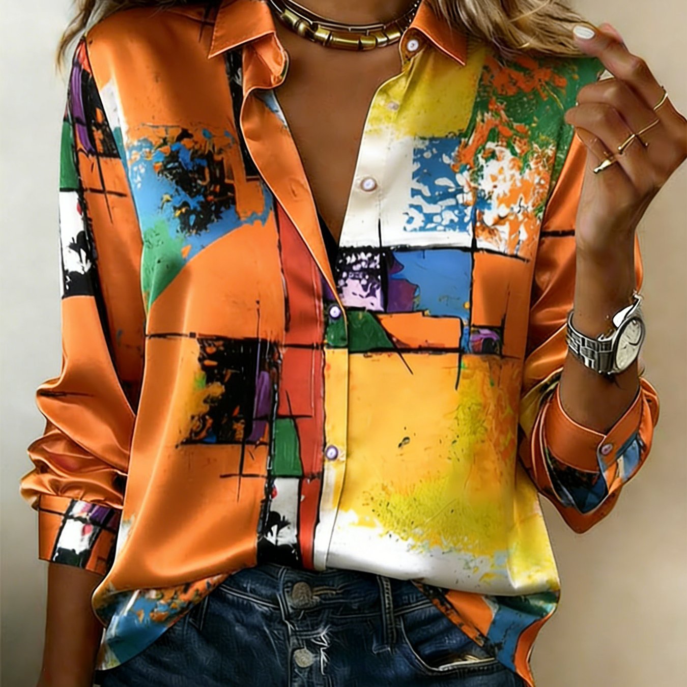 Casual Top For Women /fall | Satin Shirt With Graffiti Design And Lapel Collar