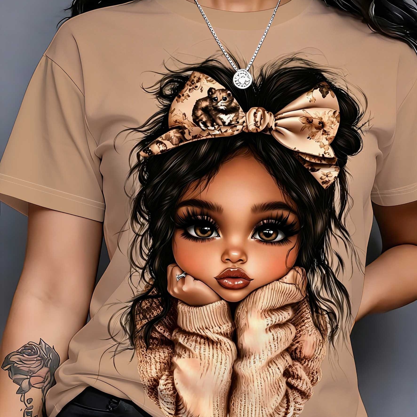 TEMU Bow-tied Curly Hair Cute Print, Gentle Casual Short Sleeve T-shirt, Plus Size Women's Fashion Top, Women's Casual Comfortable T-shirt, Spring