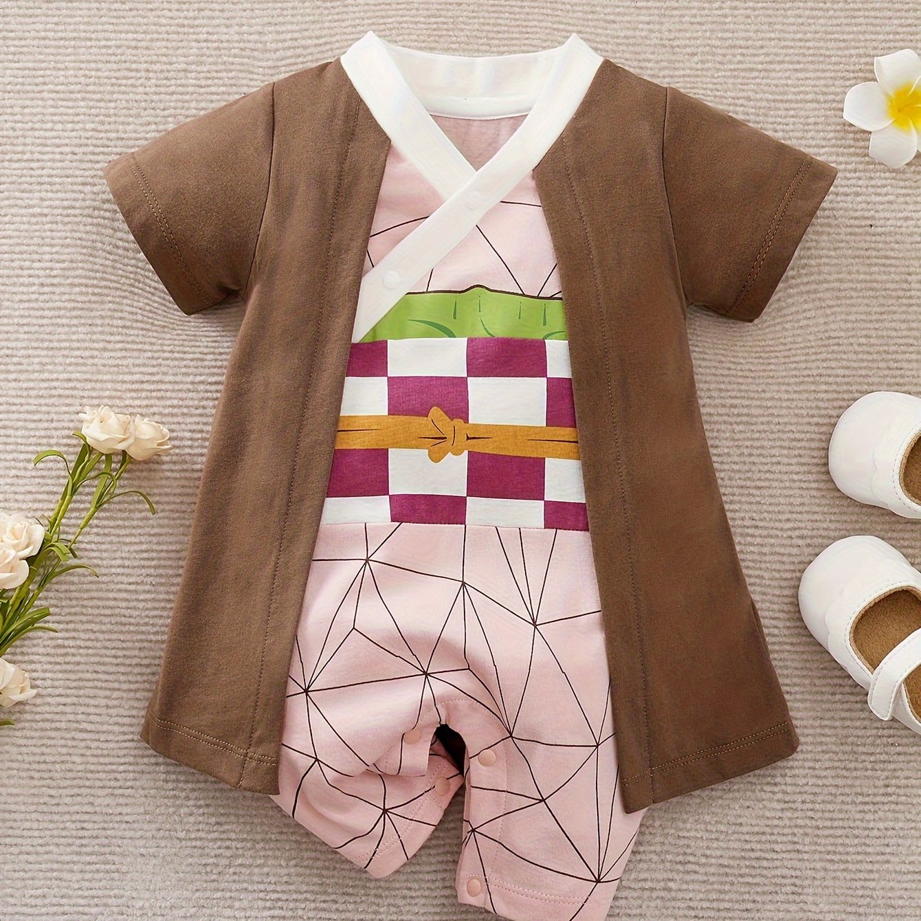 Pink Checkered Print Short Sleeve Baby Fake Two-piece Bodysuit Spring Summer, For Outdoor