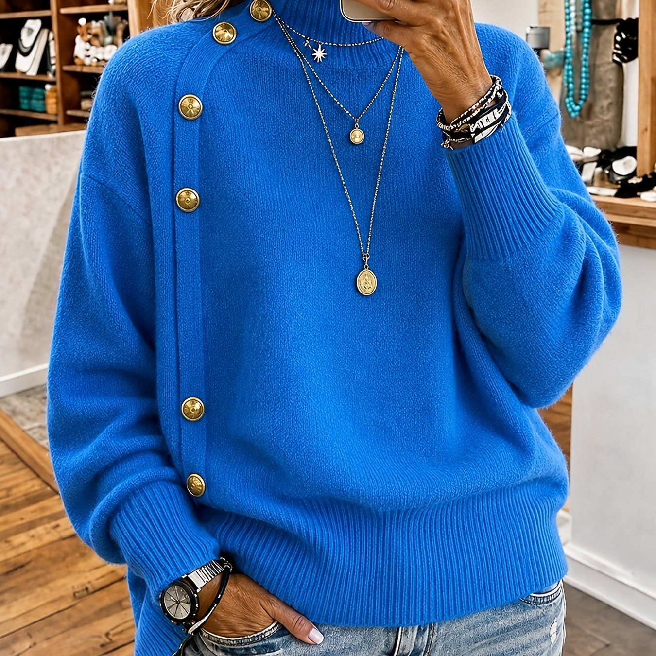 TEMU Pull pour femme à col avec col à boutons diagonaux - Pull et chaud adapté aux quotidiens, haut à manches longues et épaules tombantes avec
