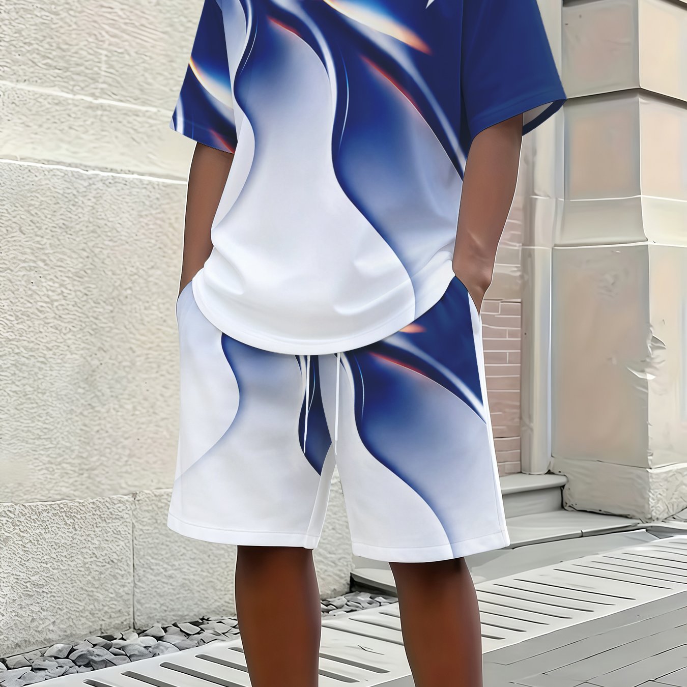 Men's 2pcs Athletic Set Blue White Abstract T-shirt And Shorts With Lightning Logo - Dynamic Gradient Short Sleeve Tee And Matching Sport Shorts, Casual Streetwear For Summer Outdoor Activities