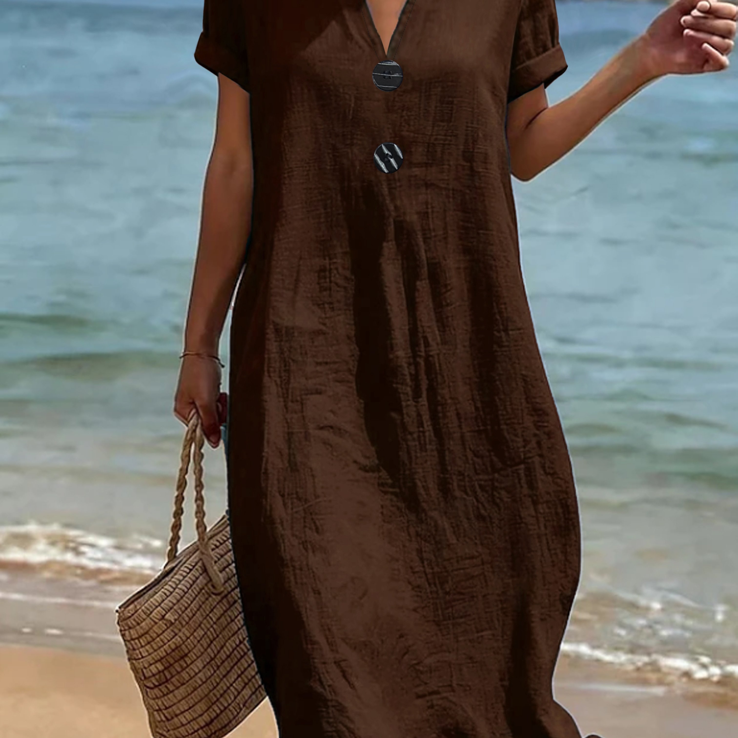 TEMU Robe d'été couleur unie femme, décolleté en V, manches courtes, décoration spéciale de boutons, robe longue , respirante, décontractée,