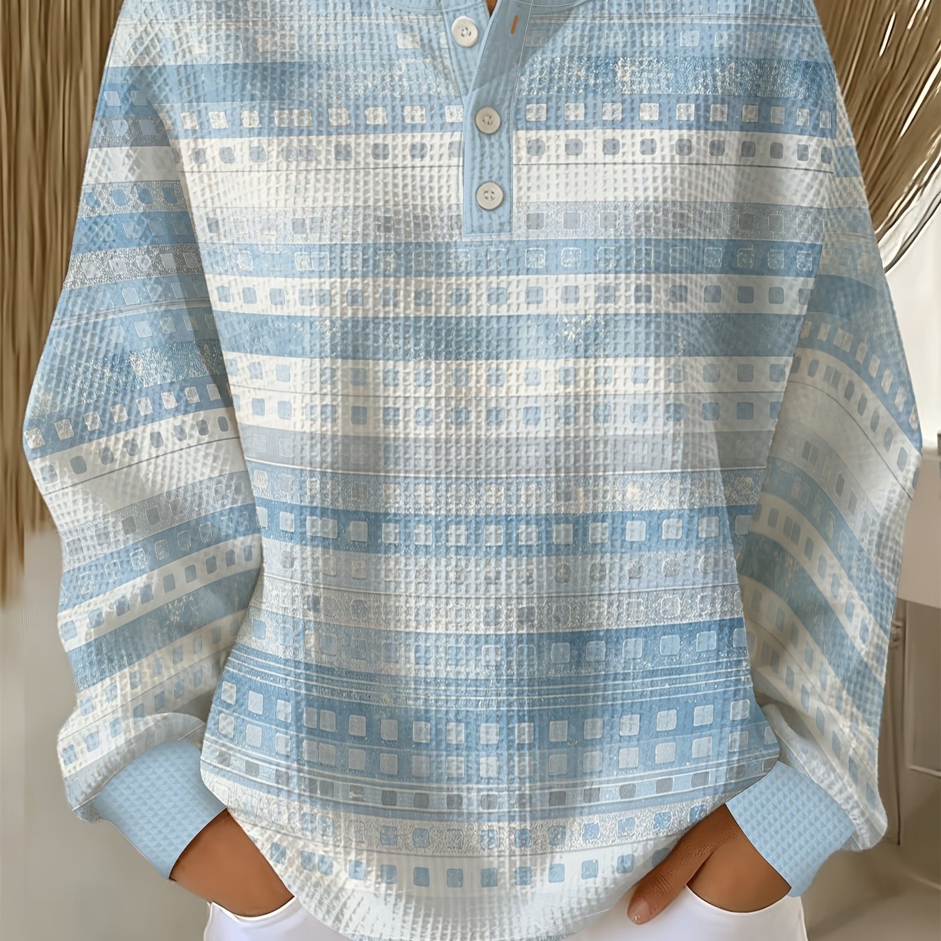 TEMU Haut Henley à manches longues et boutons pour femme, pull décontracté à imprimé rayures et carreaux géométriques et blancs