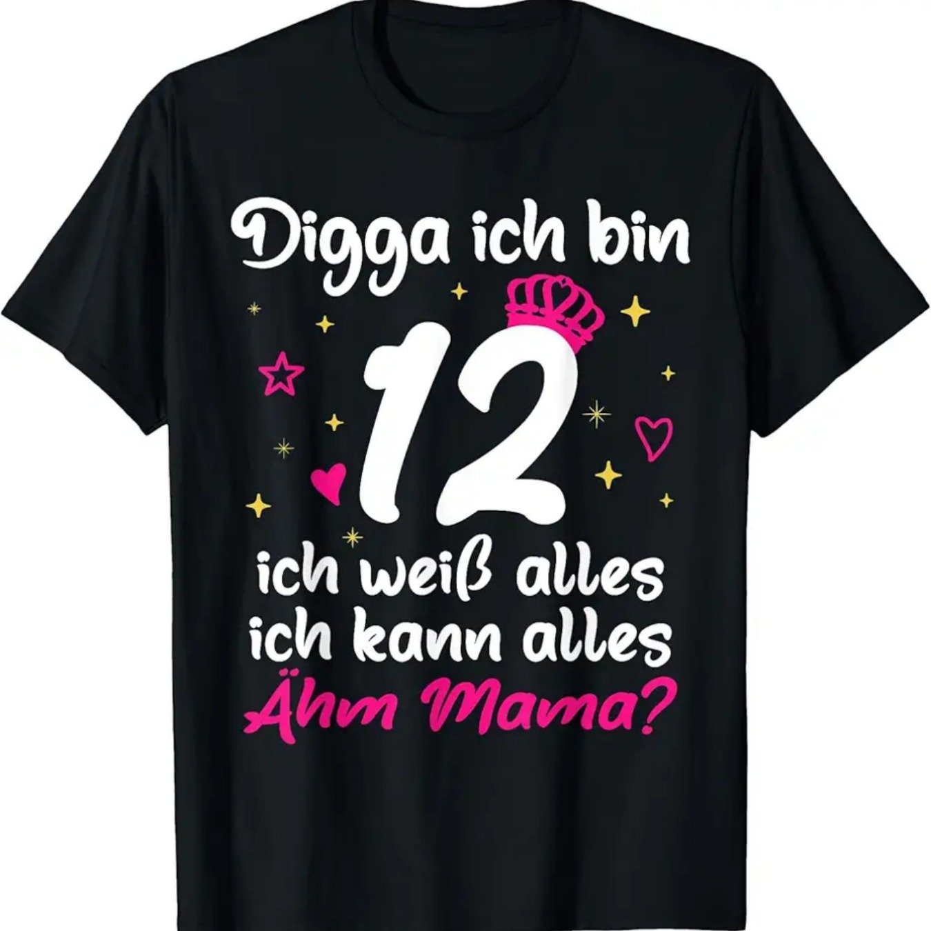 E-shop 12. Geburtstag / T-Shirt - Lustige 12-Jahre-Feier mit rosa Krone & Sternen - Schwarzes Casual Shirt für Tweens, Teenager-Party-Outfit - Größe S,