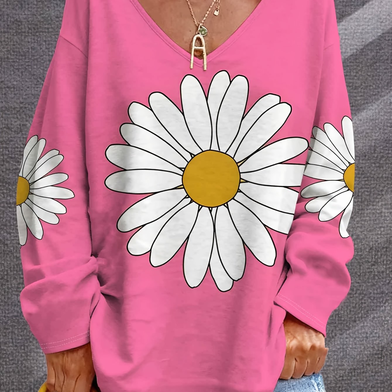 TEMU Plus Size, Women's Plus Size Print V-neck Sweater - Loose Long Sleeve Blouse-compatible Base Layer Top | Machine Washable Spring/autumn Casual