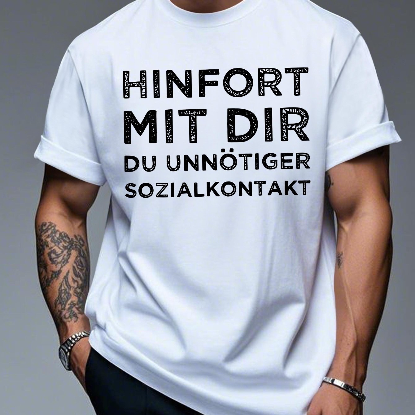 TEMU Men's Funny German "hinfort Mit Dir Du Unnotiger Sozialkontakt" T-shirt - White Casual Summer Tee With Black Text, Short Sleeve, Regular Fit,