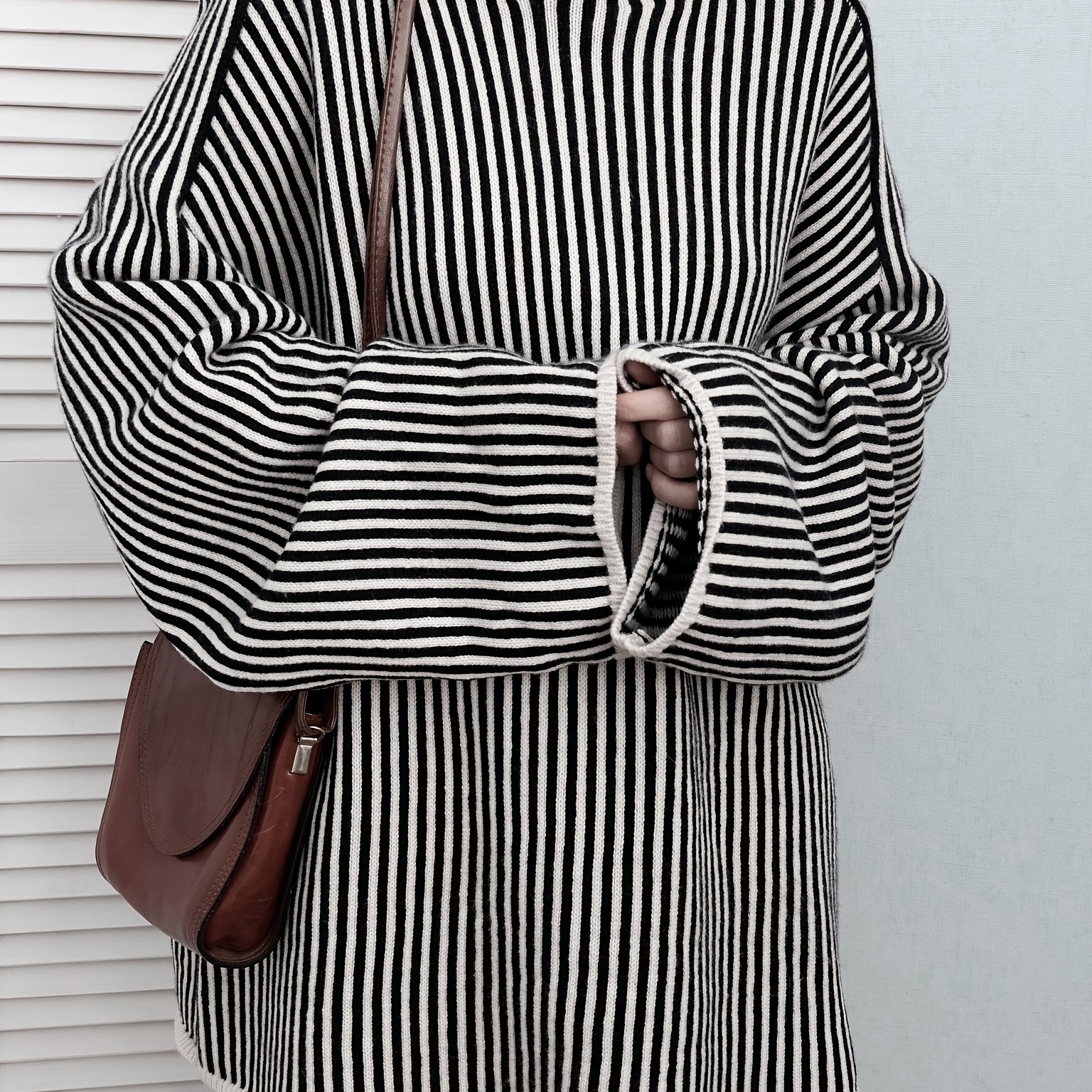 TEMU Plus Size, Plus Size Women's Autumn/winter Fine Vertical Stripe Half-turtleneck Drop Shoulder Loose Fit Wide Sleeve Long Sleeve Top