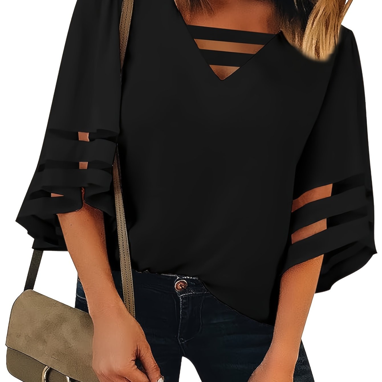 TEMU Plus Size, Fashionable Solid Color Loose V-neck Spliced Three-quarter Sleeve T-shirt, New Summer Shirt-style Casual Top For Women