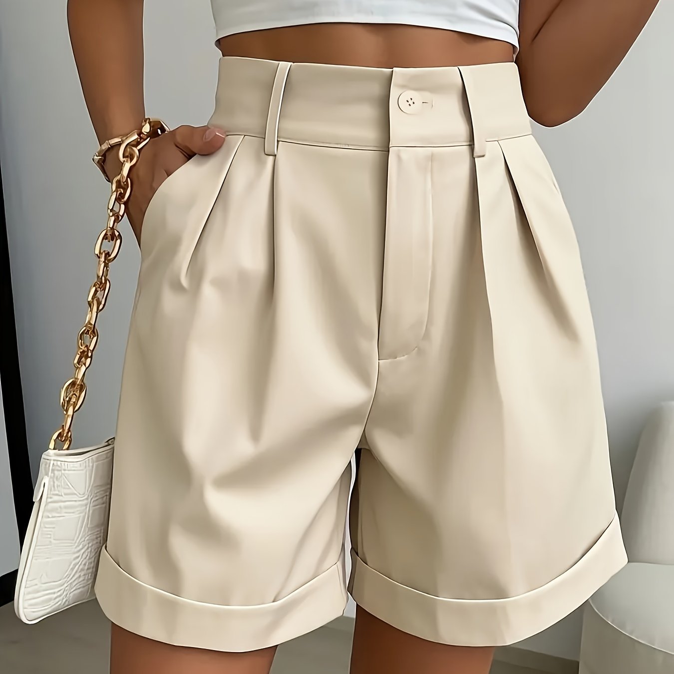 Image of 1pc Women' High-waist A-line Wide-leg Bermuda Shorts, Commuter Elegant, Fashionable Urban, Slant Pocket High-waist Loose Shorts, Spring Summer Casual Solid Shorts, Women's Clothing