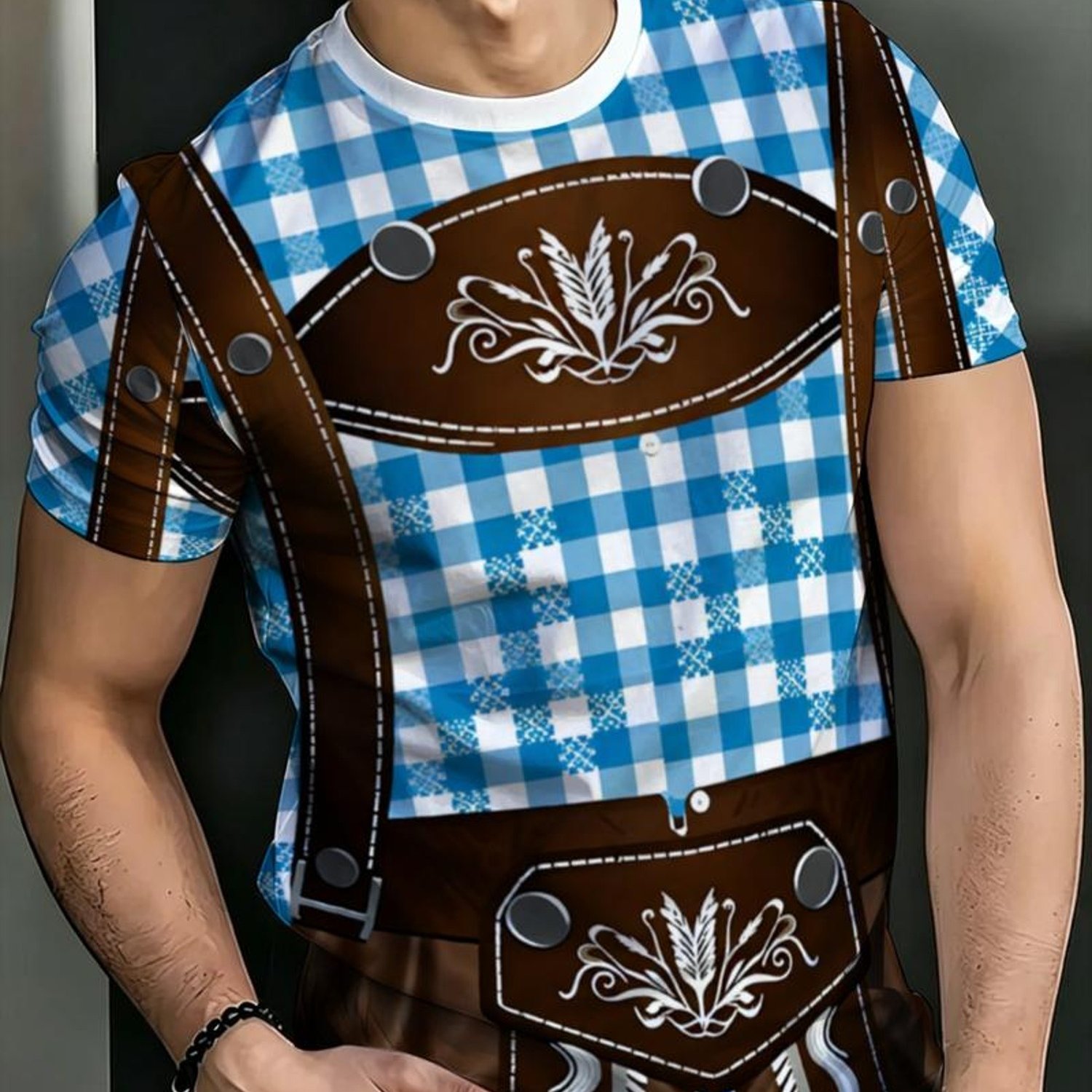 TEMU Men's Oktoberfest - Themed T - Shirt, Polyester Material, Mixed Color, Multiple Specifications , Brown - Style With Ornate White Designs,