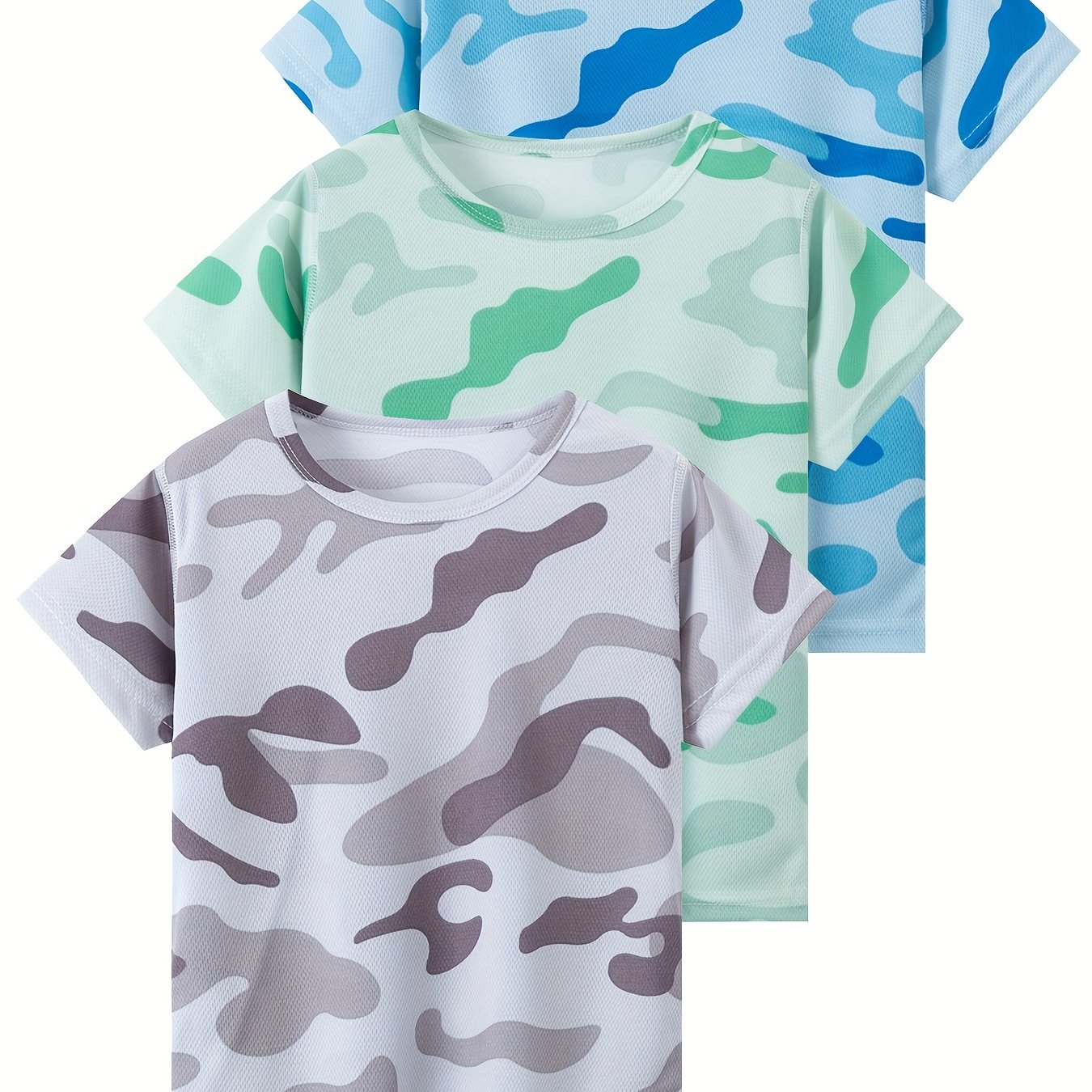 Image of 3pcs Boys' Athletic T-shirts - Quick-dry, Breathable Mesh Fabric With Camo Patterns In Gray, Blue, & Green - Lightweight Short Sleeve Crew Neck Tops For Running & Casual Wear, Boy T-shirts