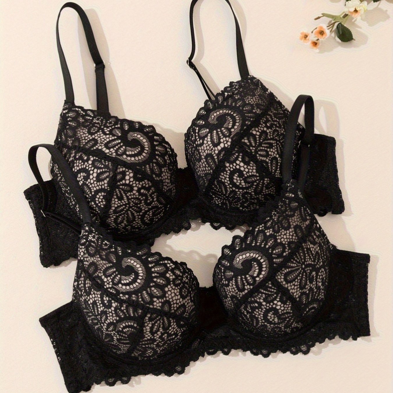 TEMU 2-pcs Women's Sexy Lingerie Ladies' Bra Lace Sheer European And Underwire Gathered Bust Push Up Bra For Dating